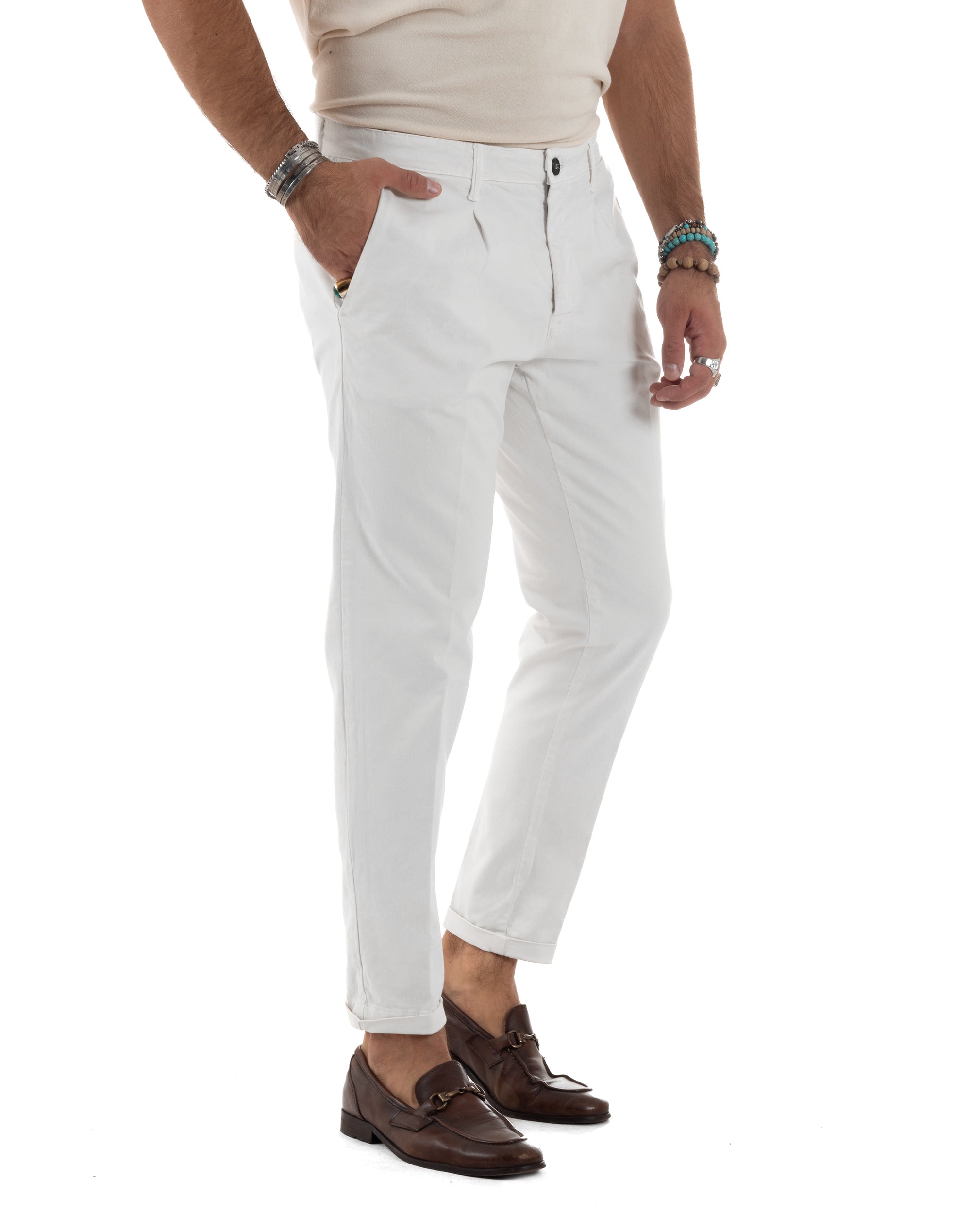 Pantaloni Uomo Cotone Chino Tasca America Capri Basic Sartoriale Slim Fit Casual Bianco GIOSAL-P6309A
