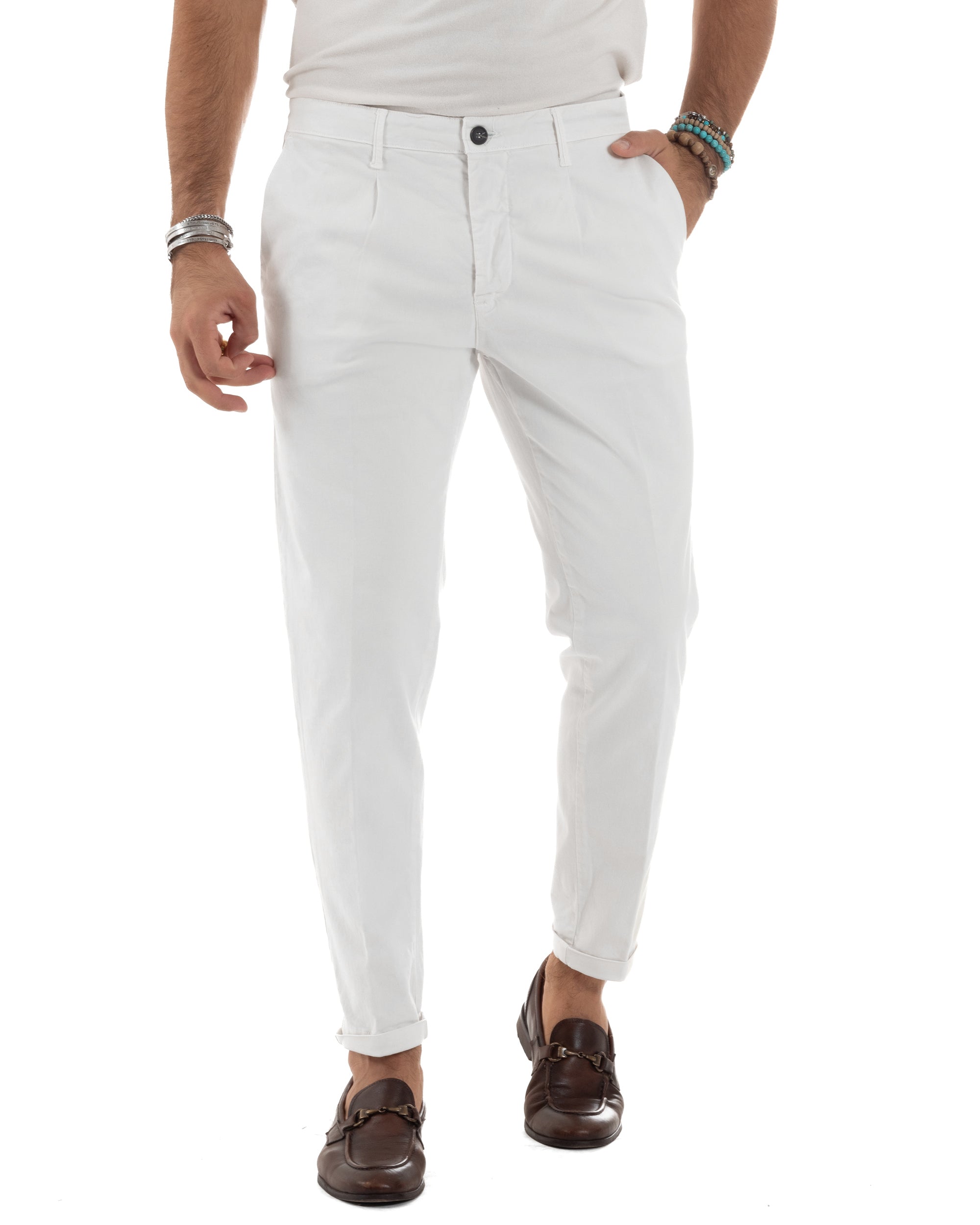 Pantaloni Uomo Cotone Chino Tasca America Capri Basic Sartoriale Slim Fit Casual Bianco GIOSAL-P6309A