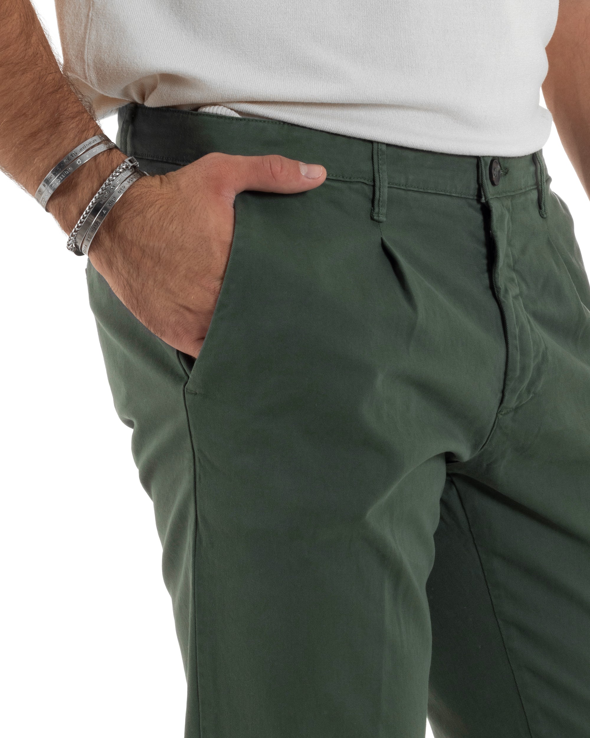 Pantaloni Uomo Cotone Chino Tasca America Capri Basic Sartoriale Slim Fit Casual Verde GIOSAL-P6310A