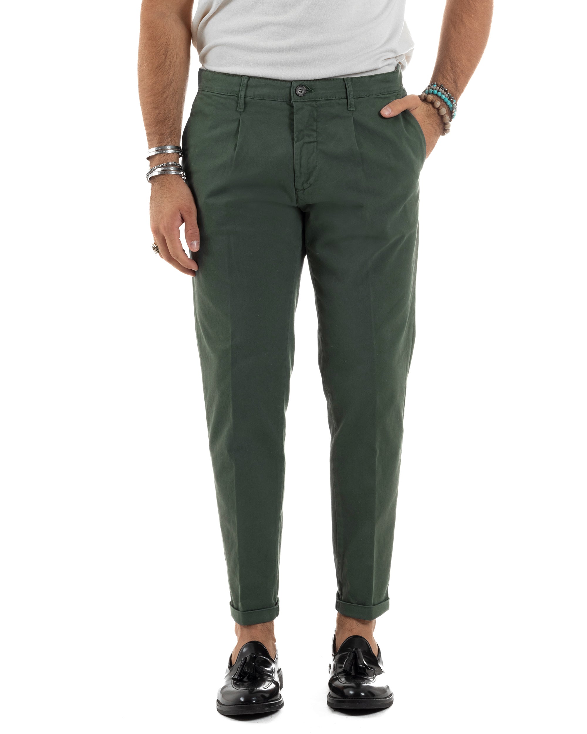 Pantaloni Uomo Cotone Chino Tasca America Capri Basic Sartoriale Slim Fit Casual Verde GIOSAL-P6310A