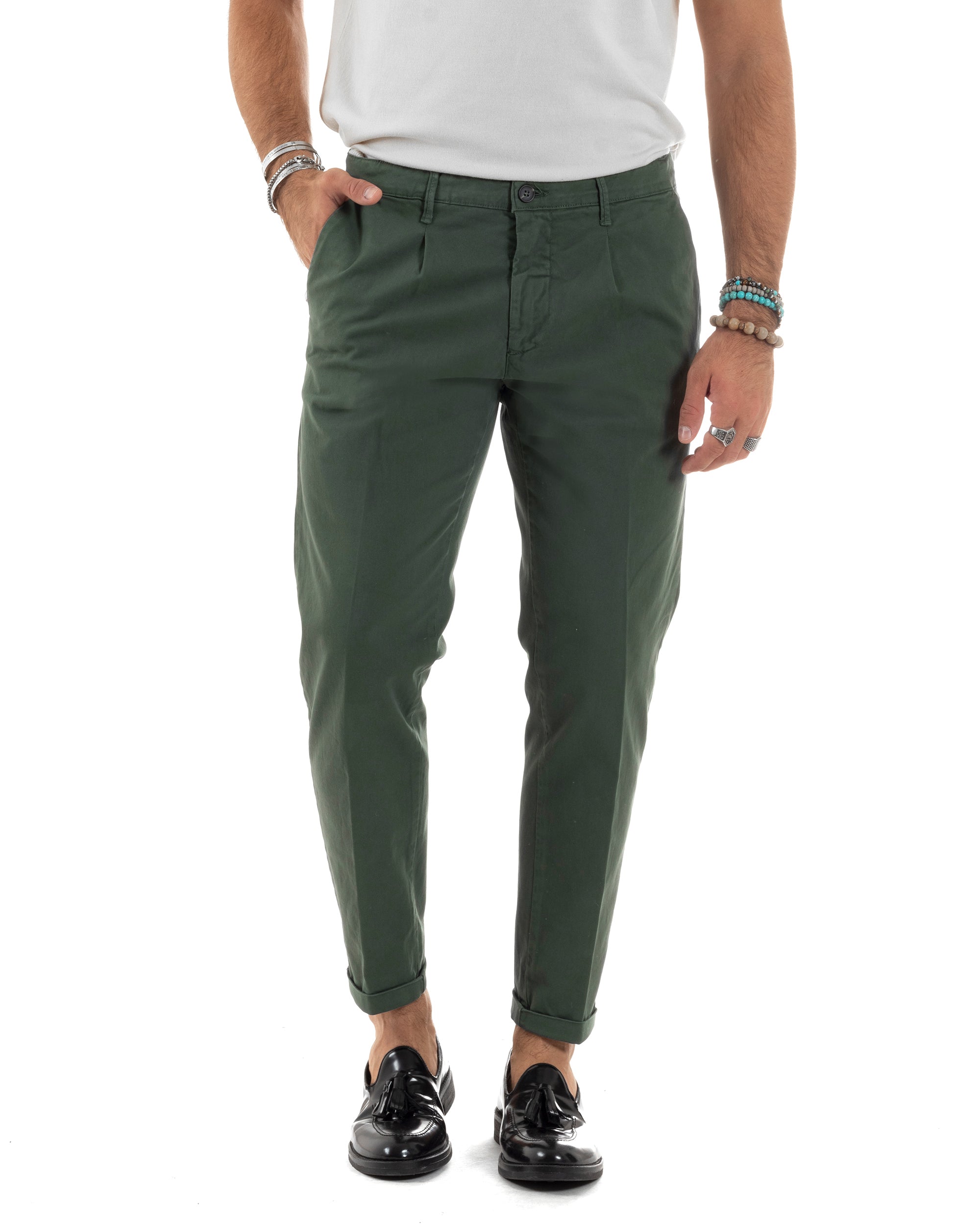 Pantaloni Uomo Cotone Chino Tasca America Capri Basic Sartoriale Slim Fit Casual Verde GIOSAL-P6310A