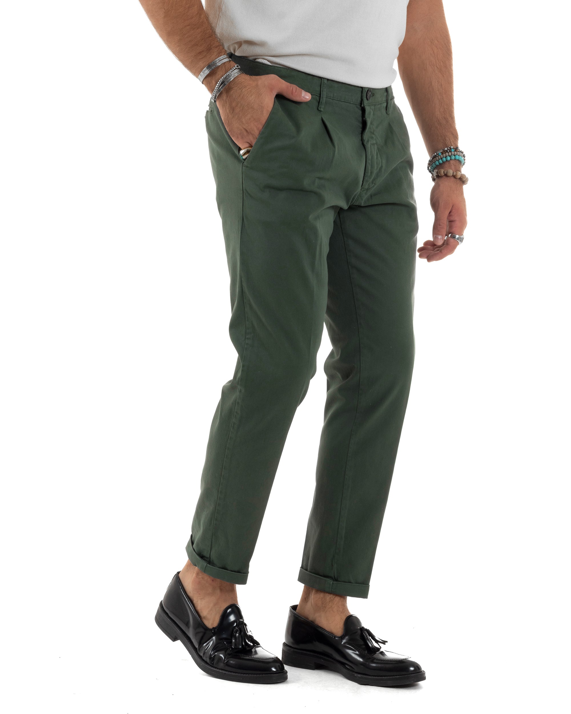 Pantaloni Uomo Cotone Chino Tasca America Capri Basic Sartoriale Slim Fit Casual Verde GIOSAL-P6310A