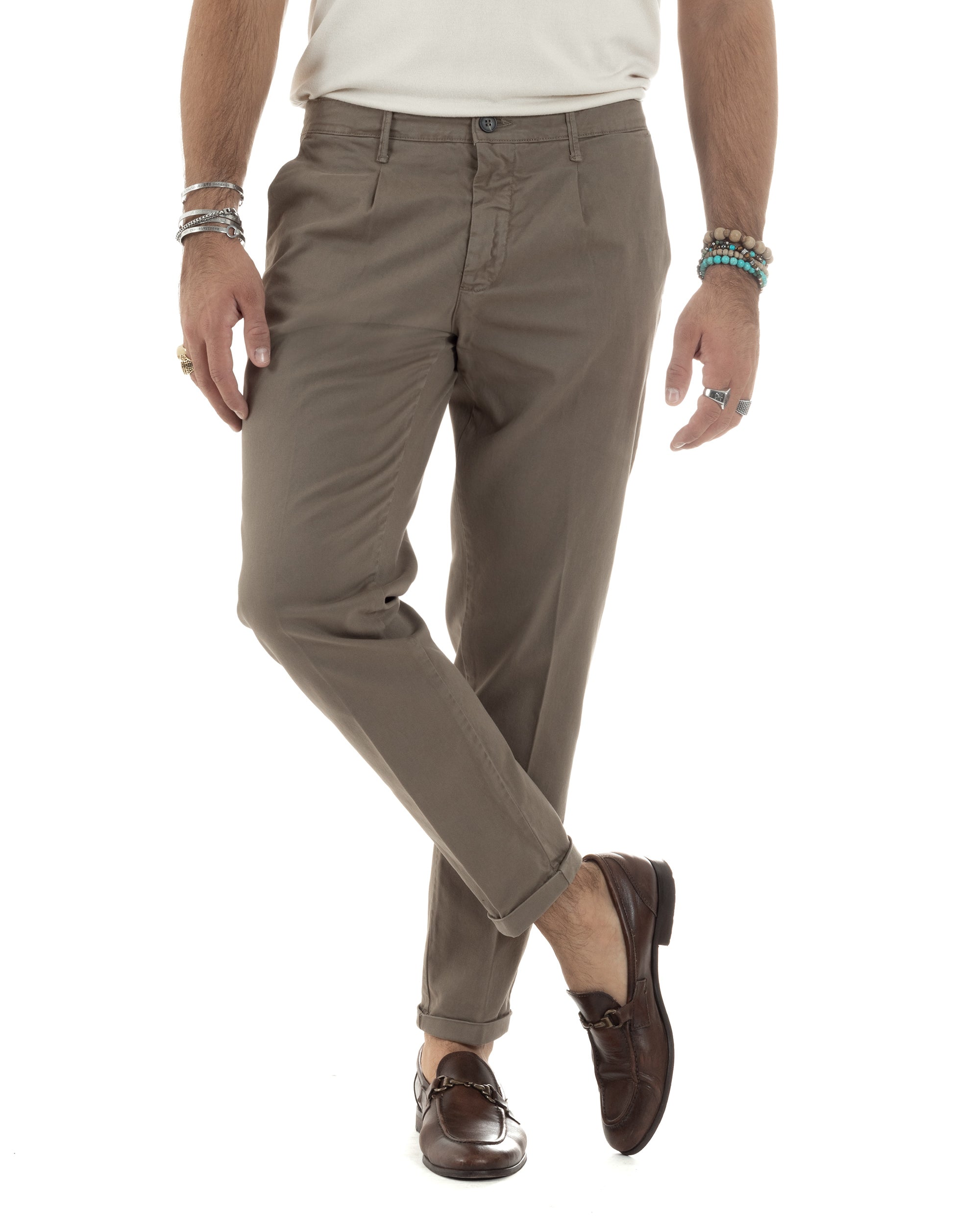 Pantaloni Uomo Cotone Chino Tasca America Capri Basic Sartoriale Slim Fit Casual Fango GIOSAL-P6312A