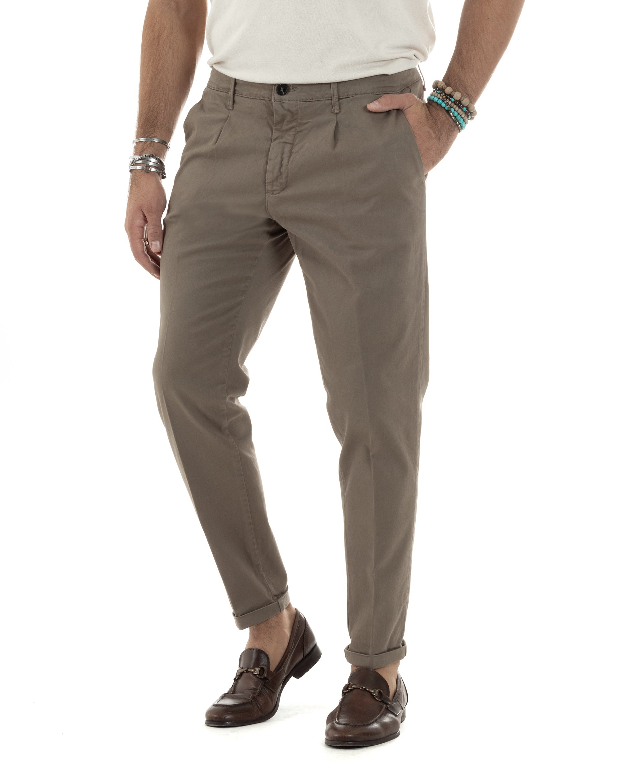 Pantaloni Uomo Cotone Chino Tasca America Capri Basic Sartoriale Slim Fit Casual Fango GIOSAL-P6312A