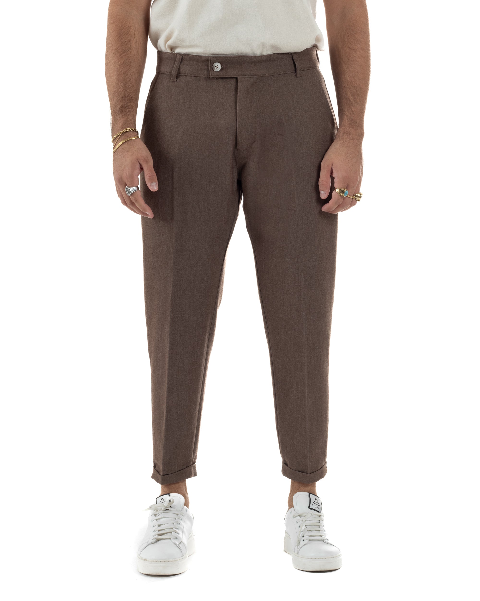 Pantaloni Uomo Viscosa Tasca America Classico Abbottonatura Allungata Casual Marrone GIOSAL-P6338A