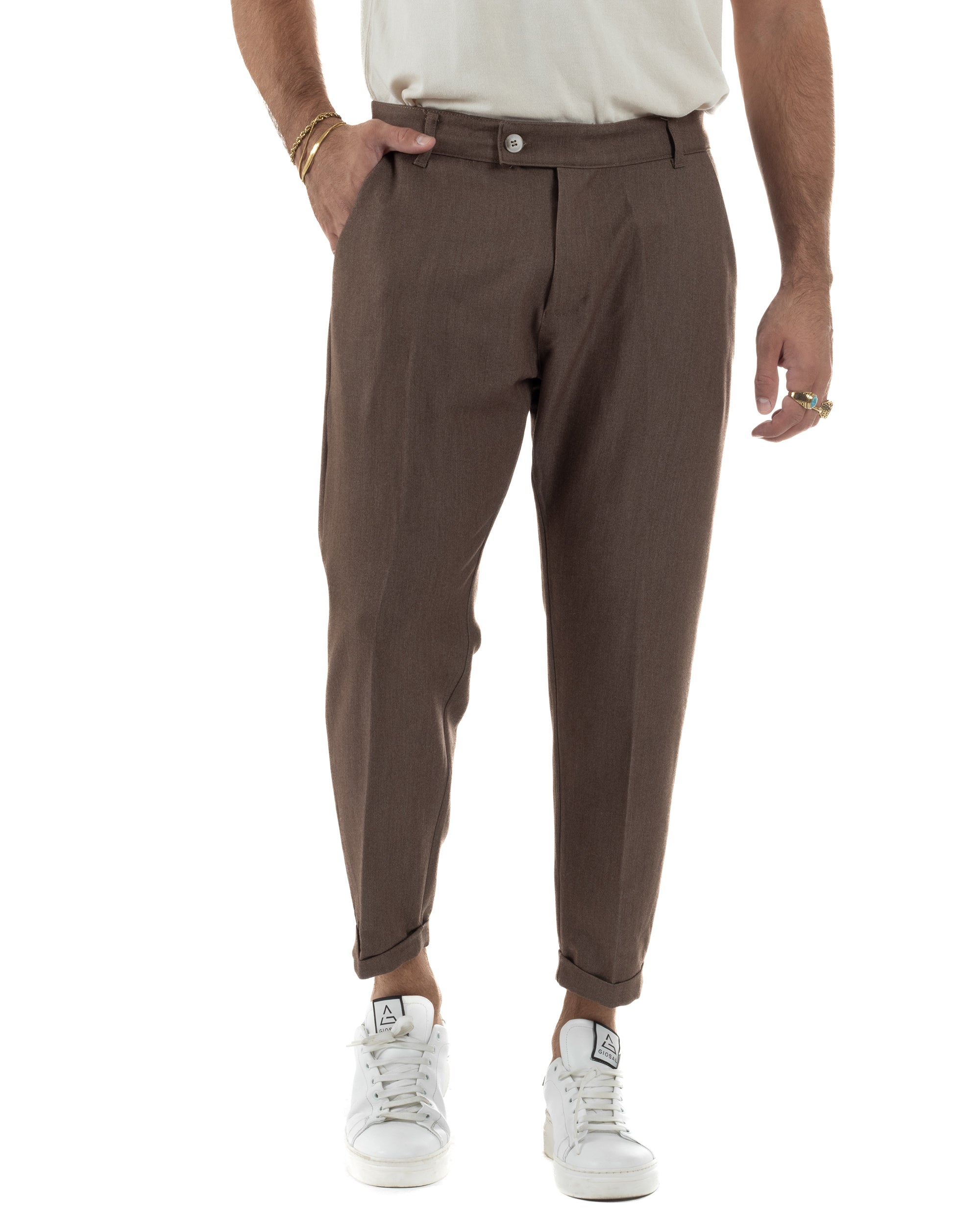 Pantaloni Uomo Viscosa Tasca America Classico Abbottonatura Allungata Casual Marrone GIOSAL-P6338A