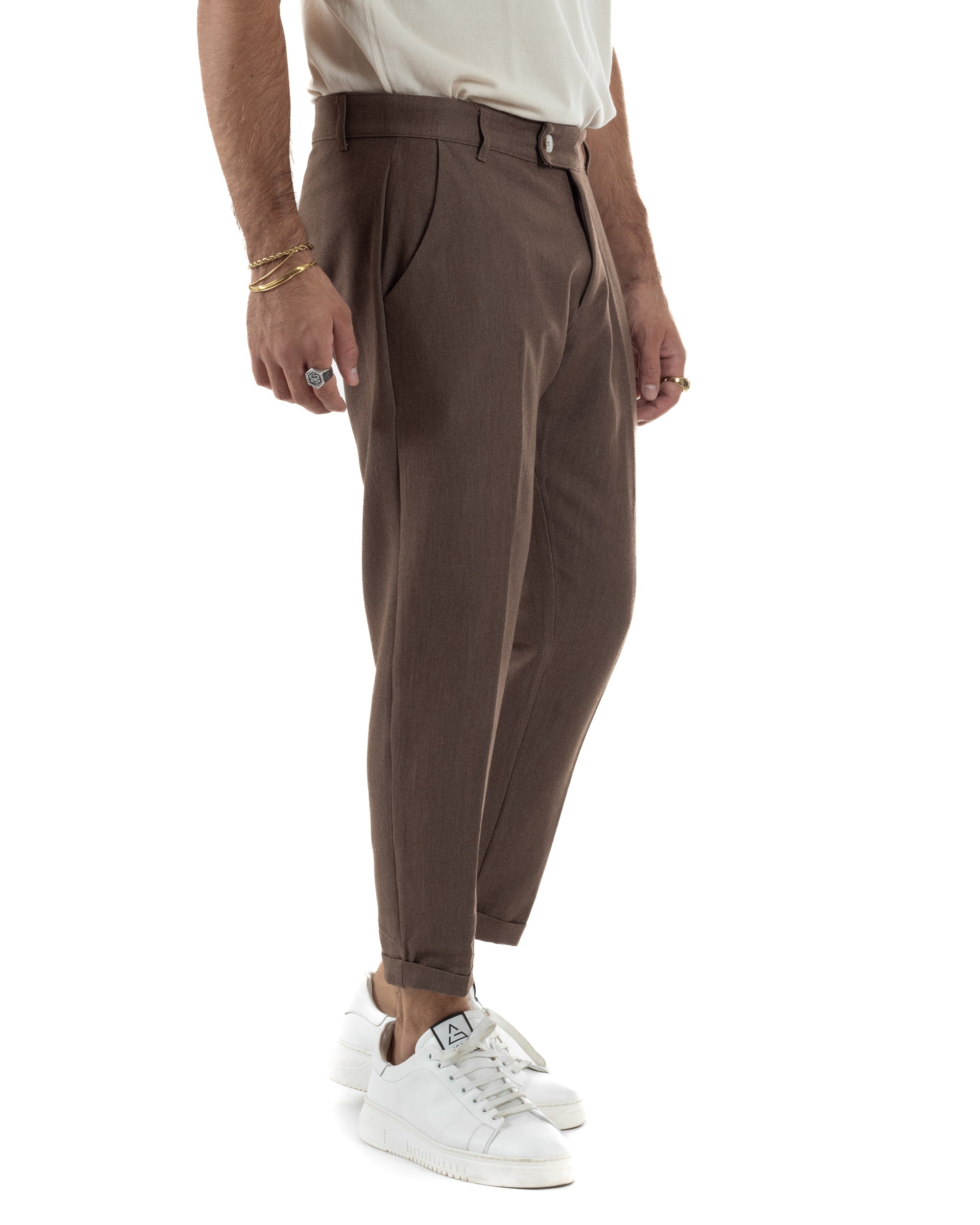 Pantaloni Uomo Viscosa Tasca America Classico Abbottonatura Allungata Casual Marrone GIOSAL-P6338A