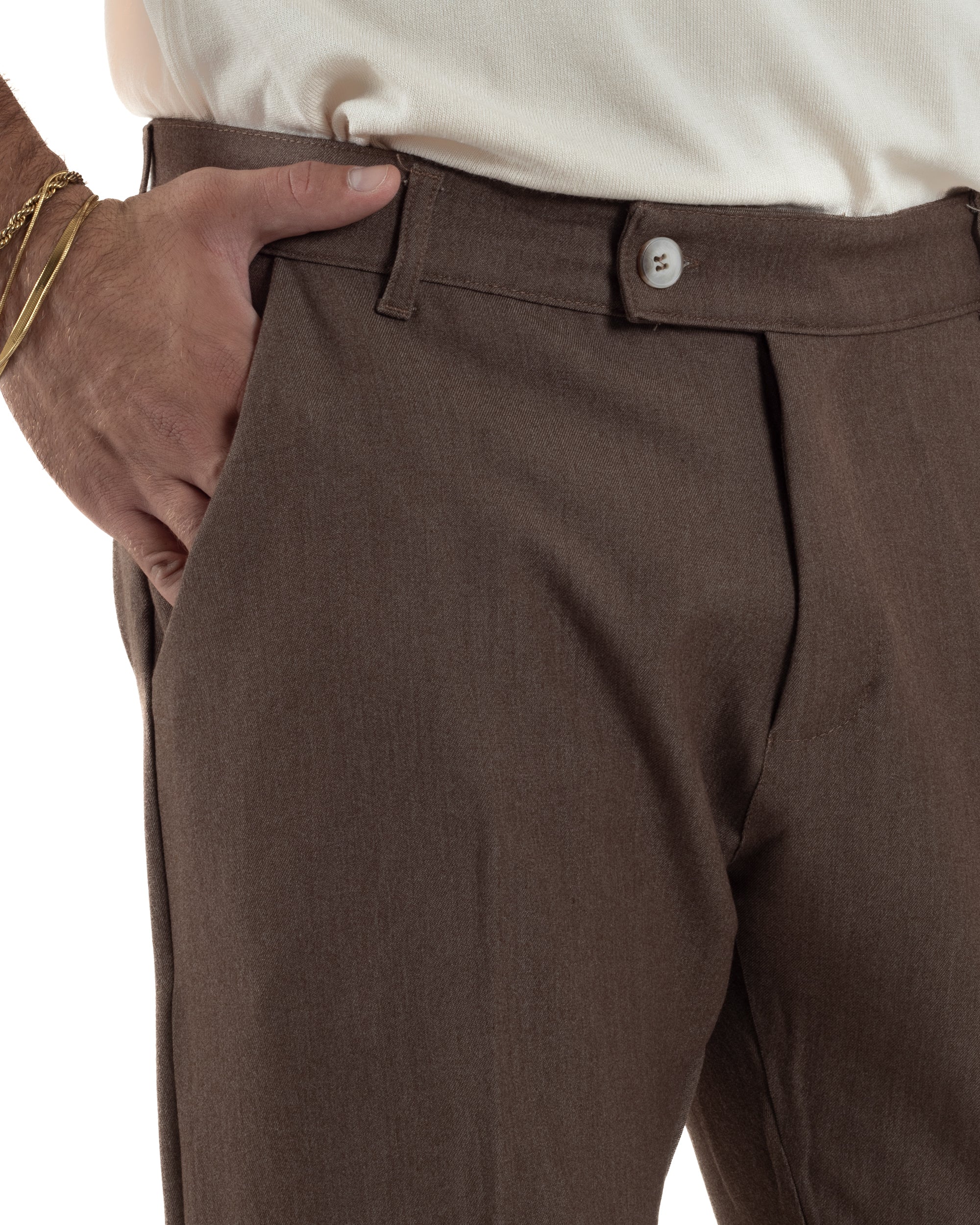 Pantaloni Uomo Viscosa Tasca America Classico Abbottonatura Allungata Casual Marrone GIOSAL-P6338A