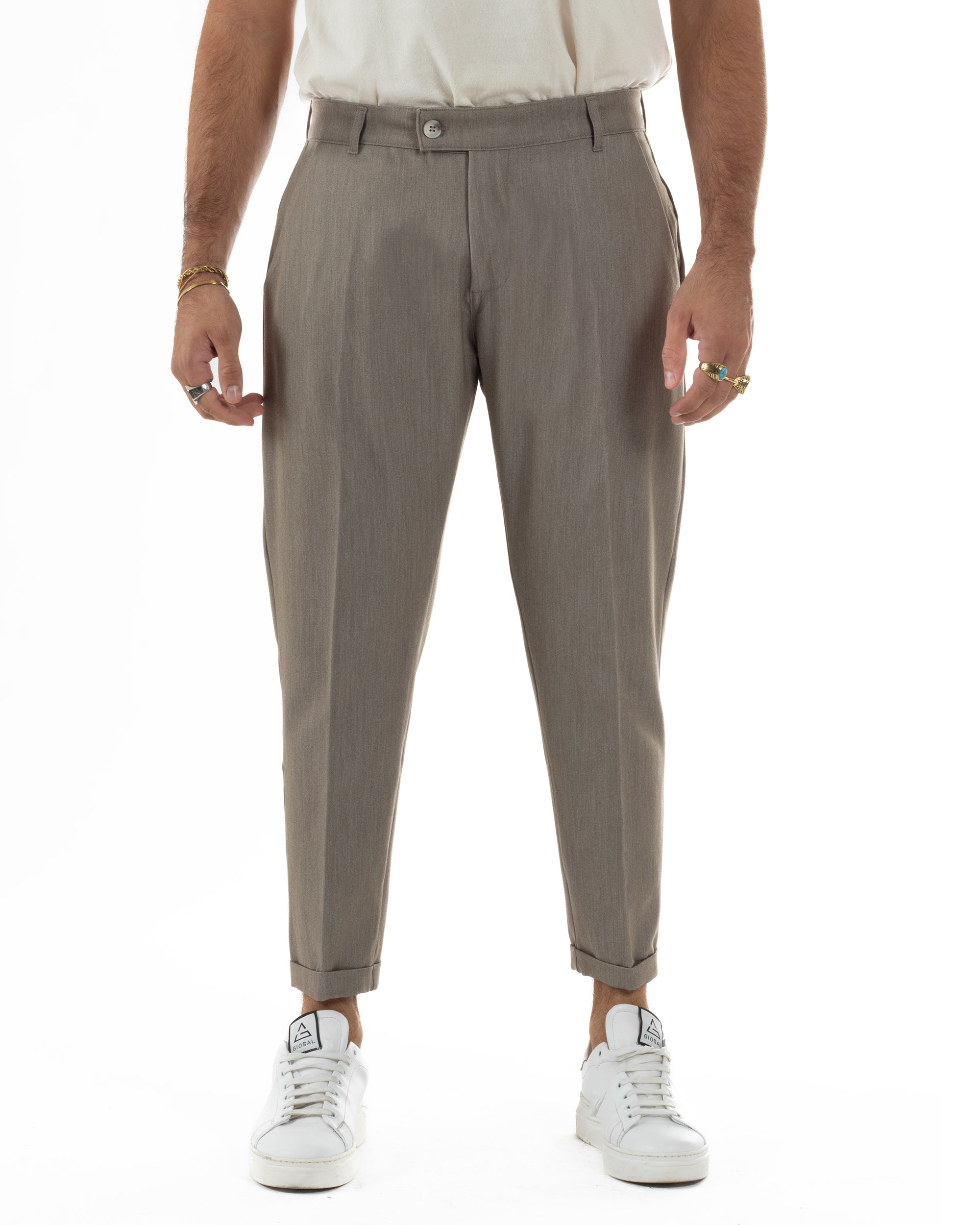 Pantaloni Uomo Viscosa Tasca America Classico Abbottonatura Allungata Casual Beige Melangiato GIOSAL-P6339A
