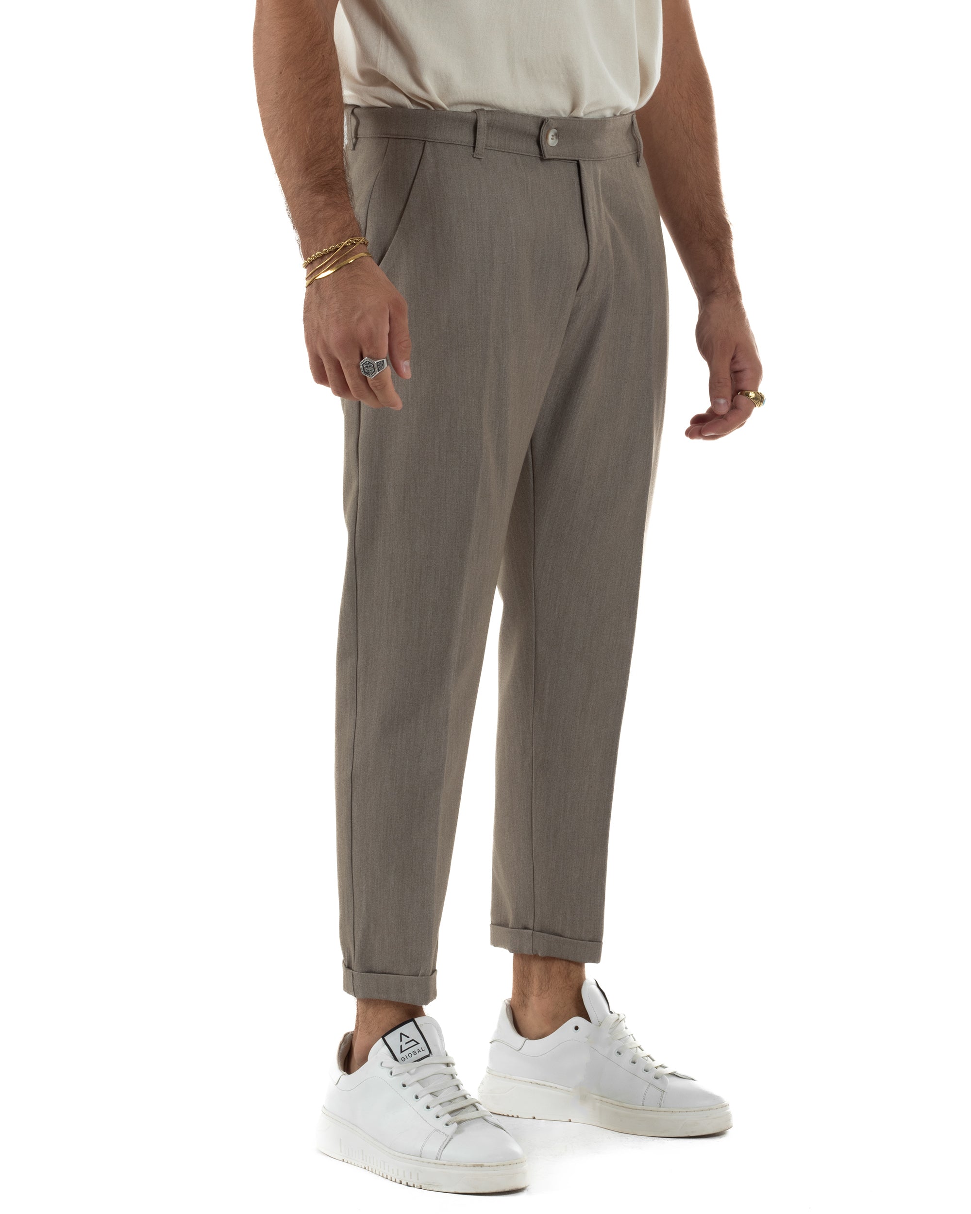 Pantaloni Uomo Viscosa Tasca America Classico Abbottonatura Allungata Casual Beige Melangiato GIOSAL-P6339A