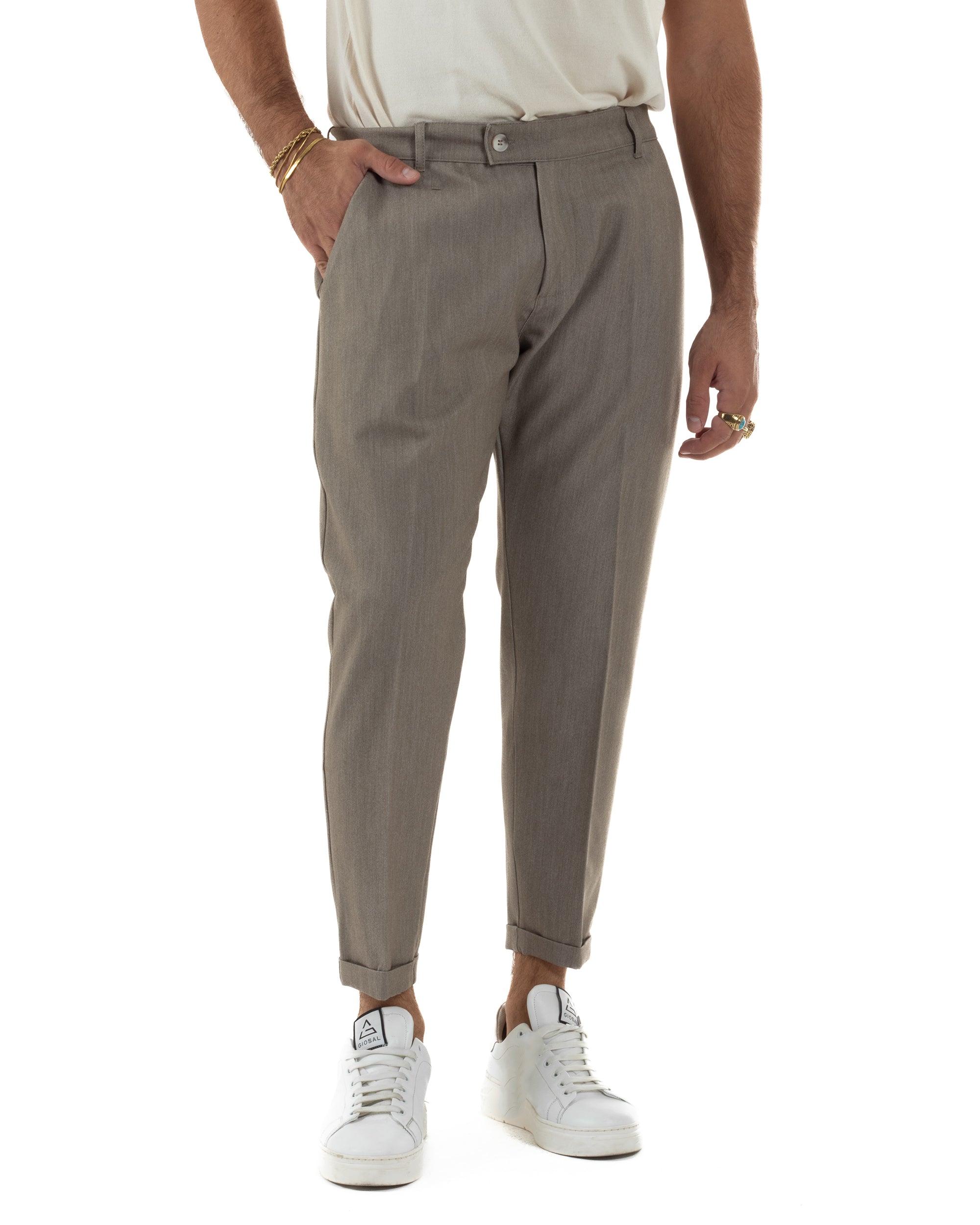 Pantaloni Uomo Viscosa Tasca America Classico Abbottonatura Allungata Casual Beige Melangiato GIOSAL-P6339A