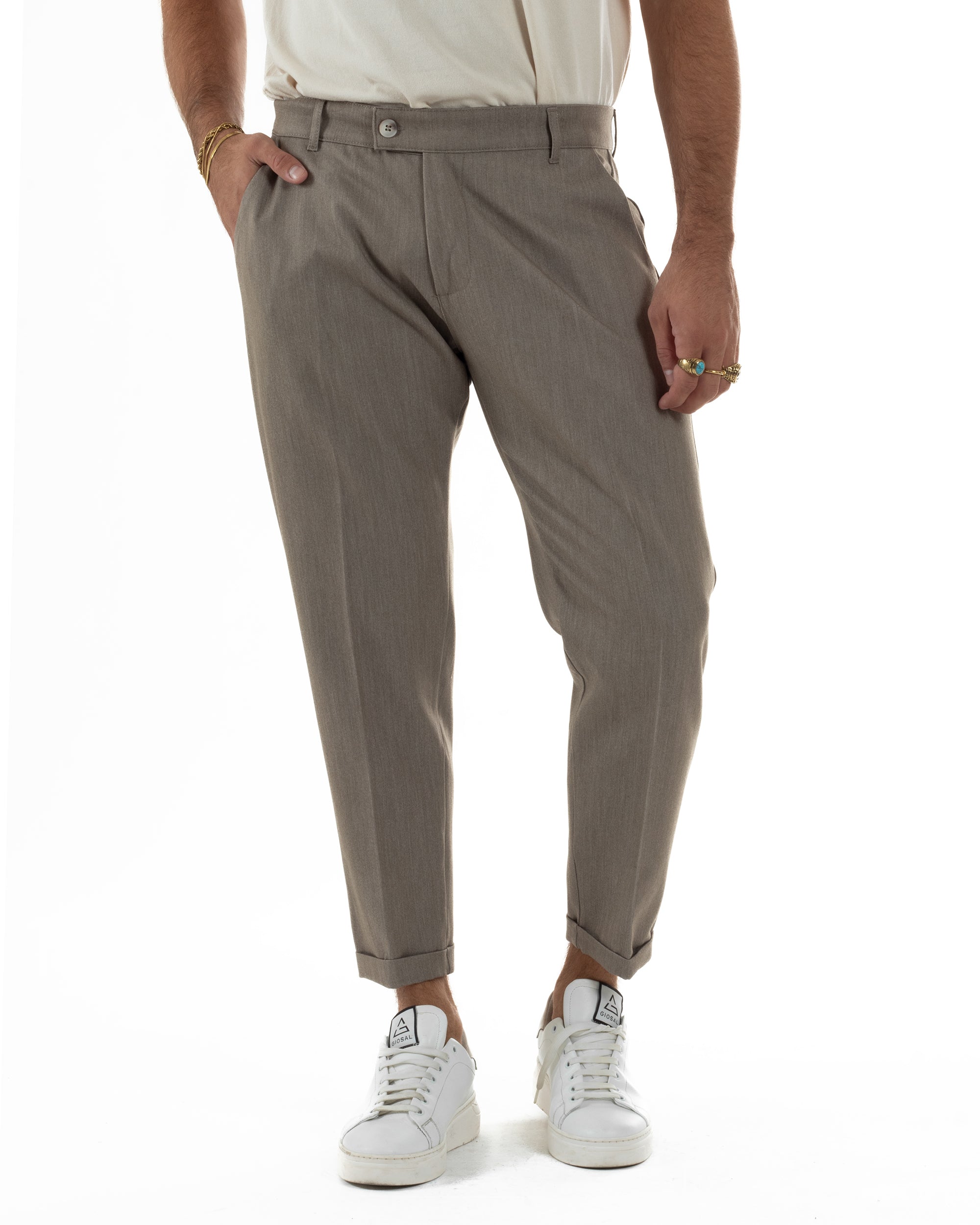 Pantaloni Uomo Viscosa Tasca America Classico Abbottonatura Allungata Casual Beige Melangiato GIOSAL-P6339A