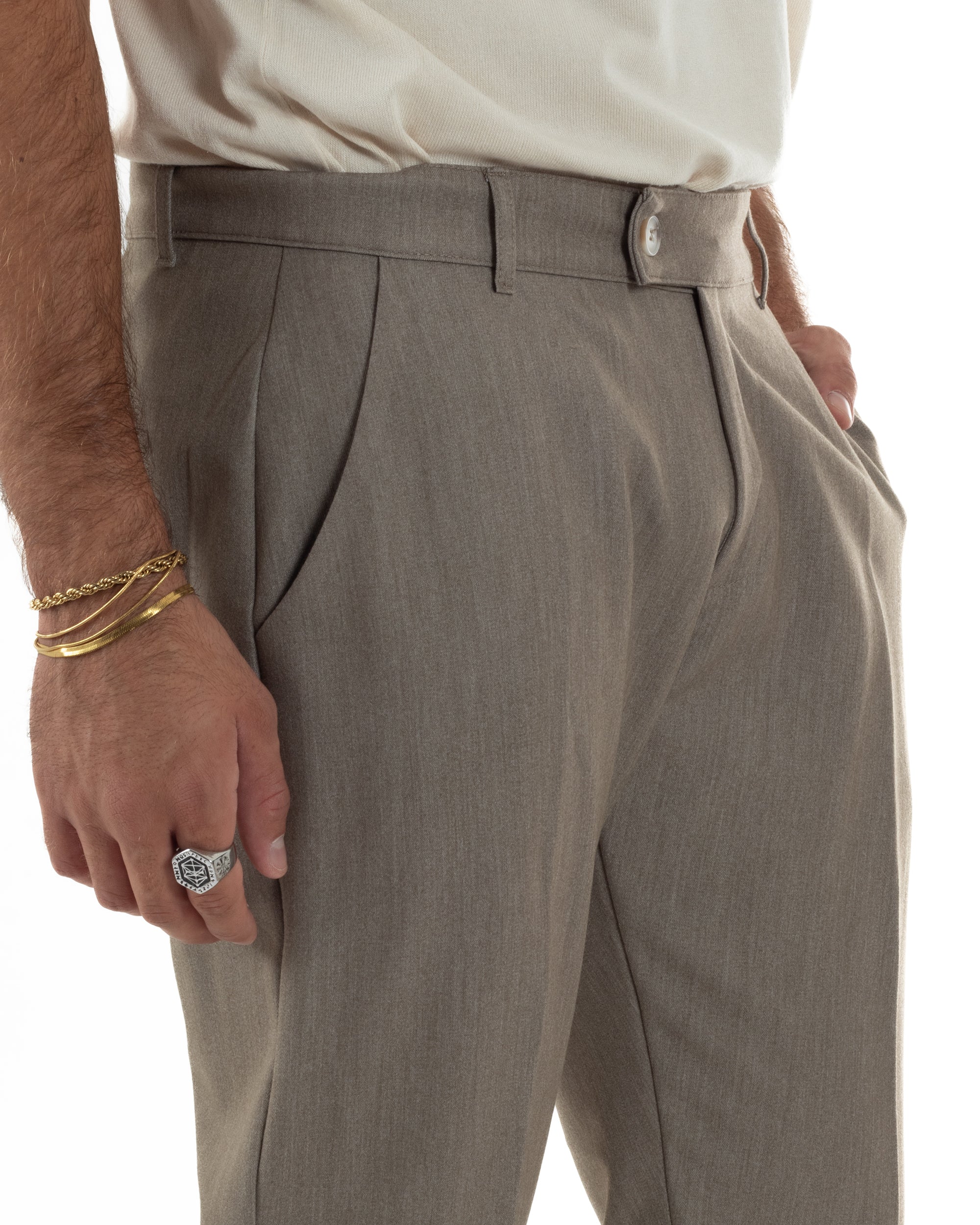 Pantaloni Uomo Viscosa Tasca America Classico Abbottonatura Allungata Casual Beige Melangiato GIOSAL-P6339A