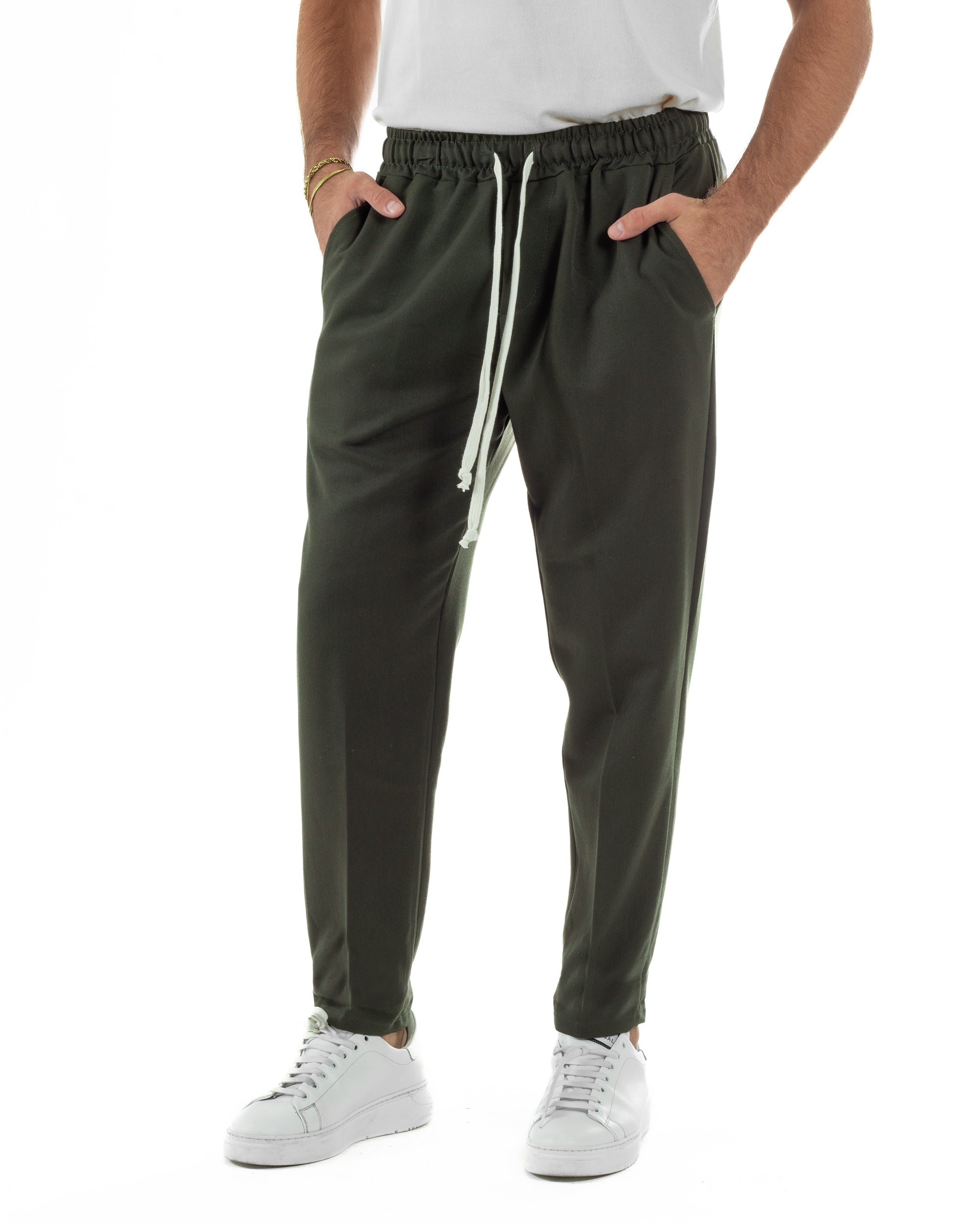 Pantaloni Uomo Pantalaccio Viscosa Morbido Regular Fit Coulisse Elastico Casual Tinta Unita Verde GIOSAL-P6340A