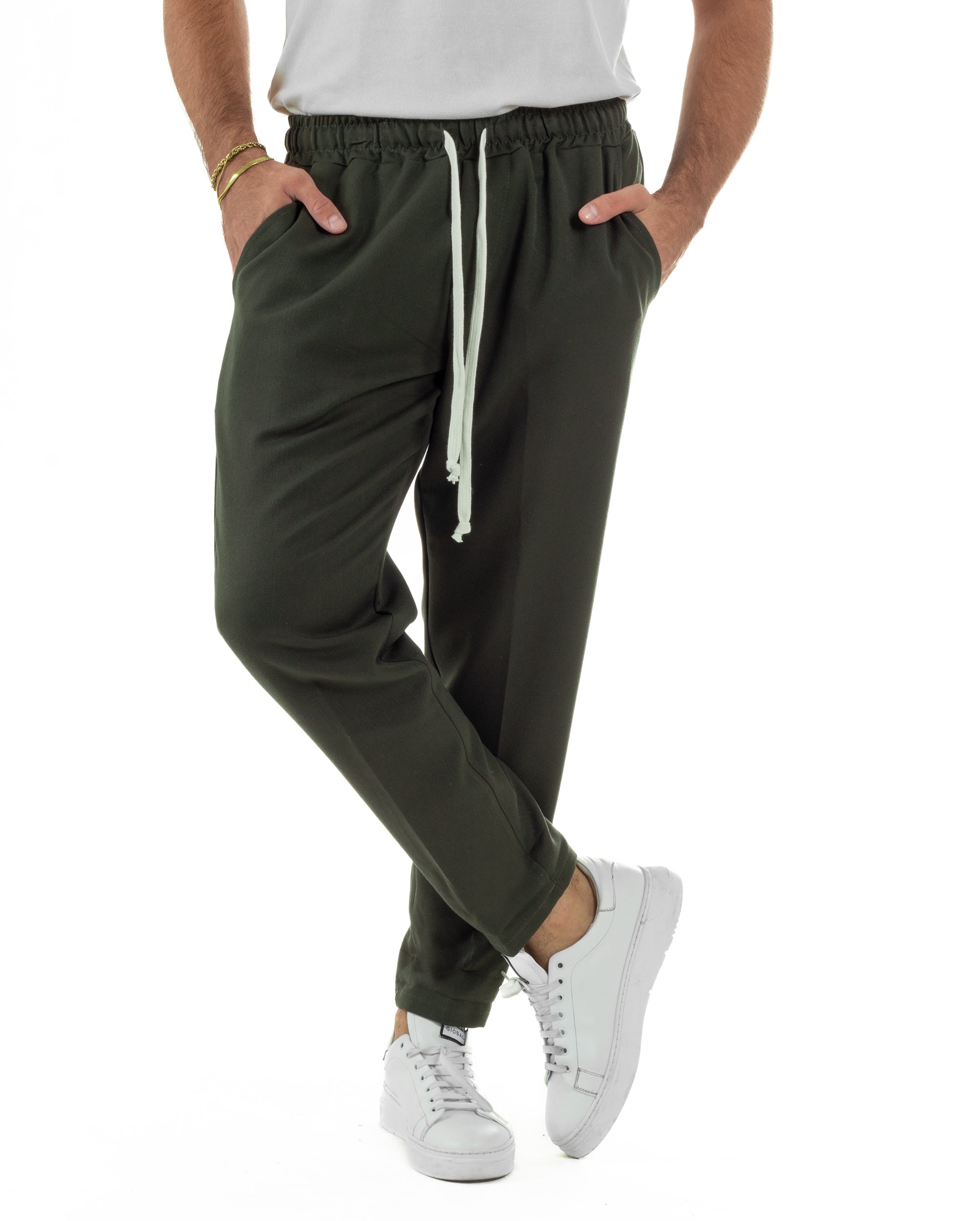 Pantaloni Uomo Pantalaccio Viscosa Morbido Regular Fit Coulisse Elastico Casual Tinta Unita Verde GIOSAL-P6340A