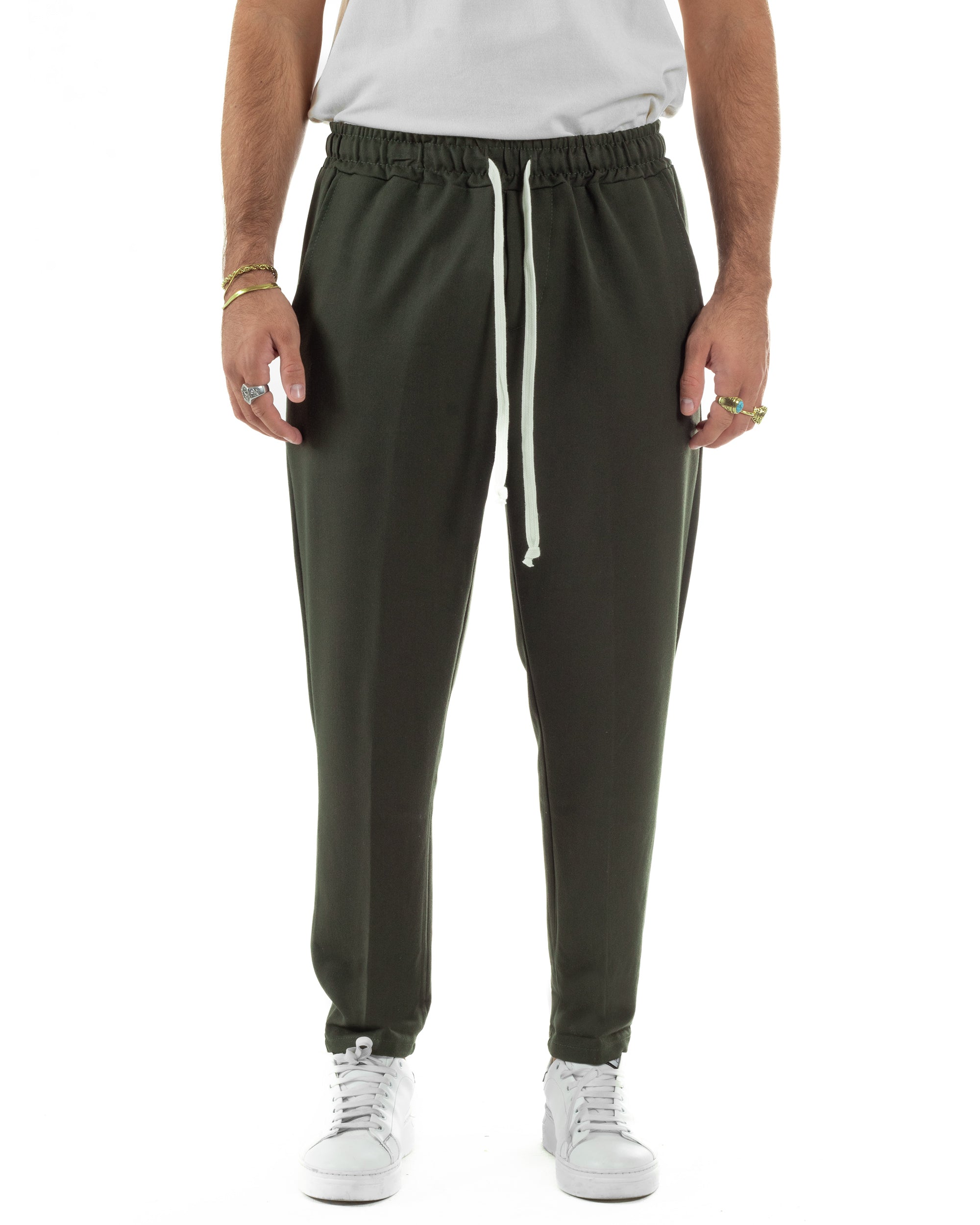 Pantaloni Uomo Pantalaccio Viscosa Morbido Regular Fit Coulisse Elastico Casual Tinta Unita Verde GIOSAL-P6340A