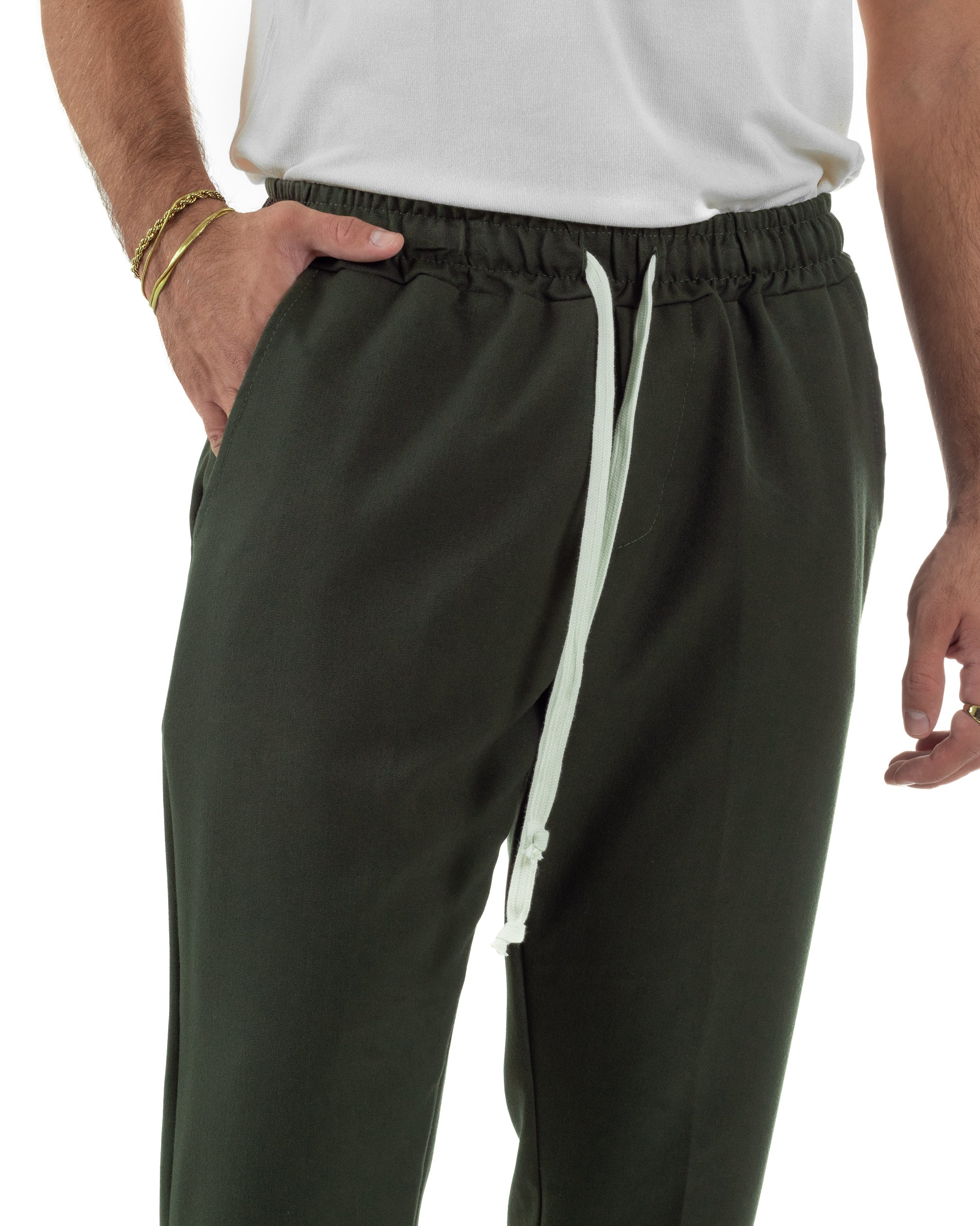 Pantaloni Uomo Pantalaccio Viscosa Morbido Regular Fit Coulisse Elastico Casual Tinta Unita Verde GIOSAL-P6340A