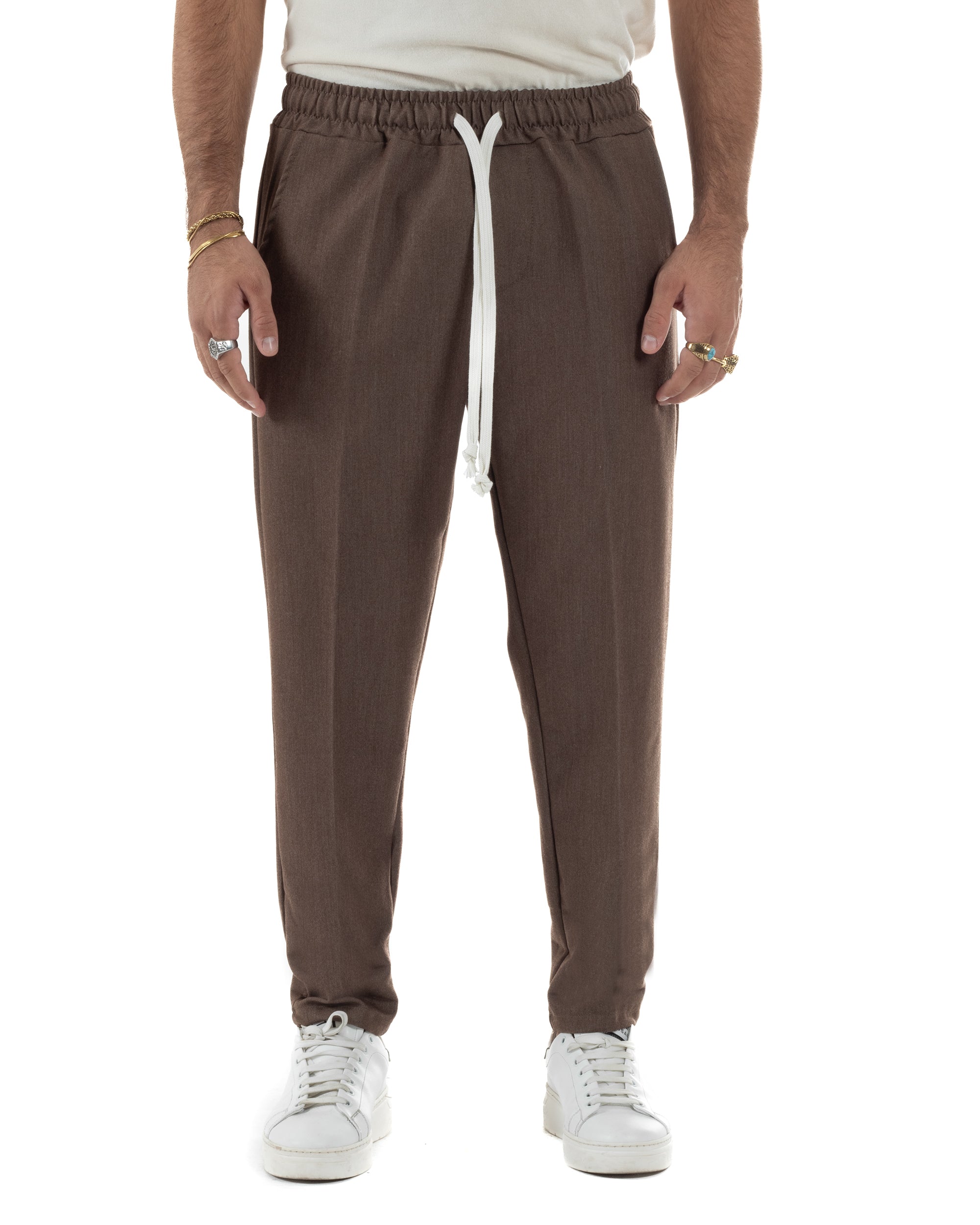 Pantaloni Uomo Pantalaccio Viscosa Morbido Regular Fit Coulisse Elastico Casual Tinta Unita Marrone GIOSAL-P6341A
