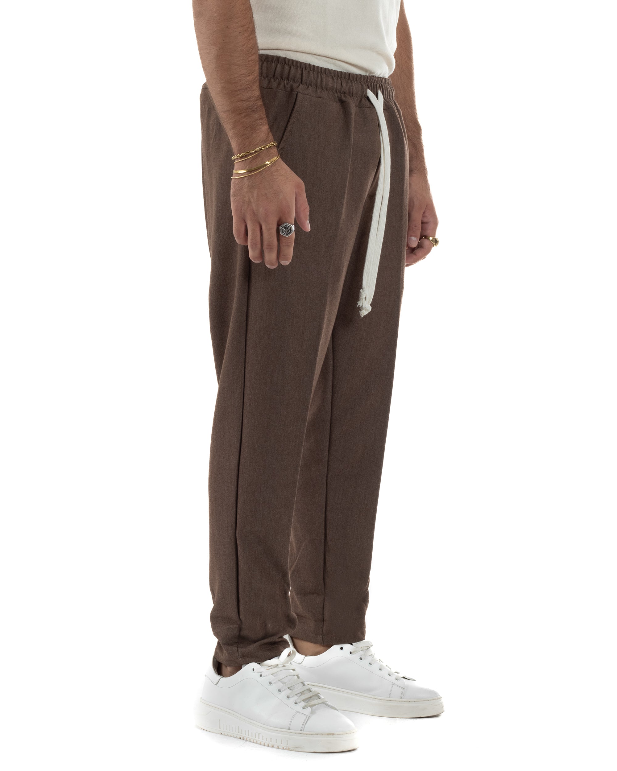 Pantaloni Uomo Pantalaccio Viscosa Morbido Regular Fit Coulisse Elastico Casual Tinta Unita Marrone GIOSAL-P6341A