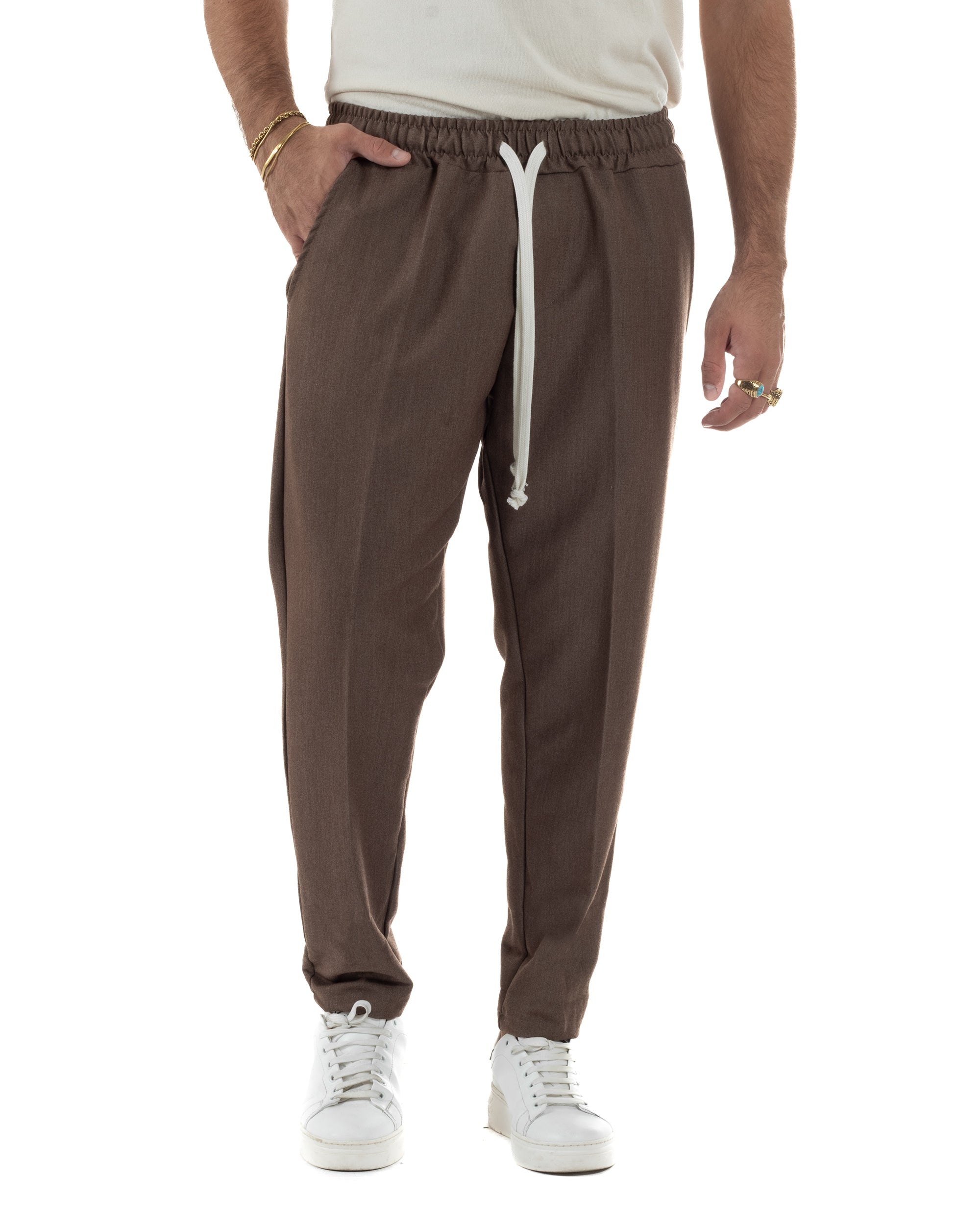 Pantaloni Uomo Pantalaccio Viscosa Morbido Regular Fit Coulisse Elastico Casual Tinta Unita Marrone GIOSAL-P6341A