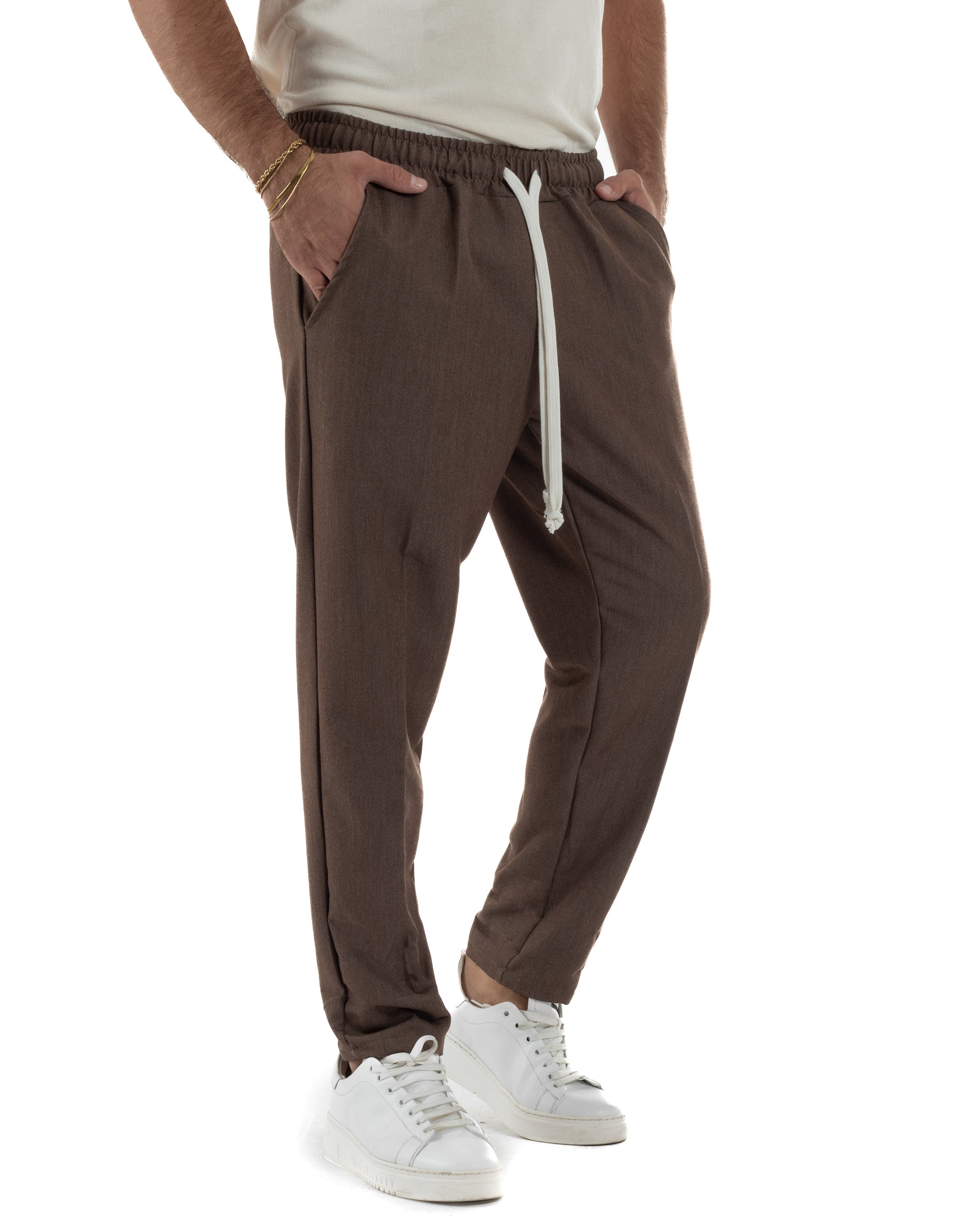Pantaloni Uomo Pantalaccio Viscosa Morbido Regular Fit Coulisse Elastico Casual Tinta Unita Marrone GIOSAL-P6341A