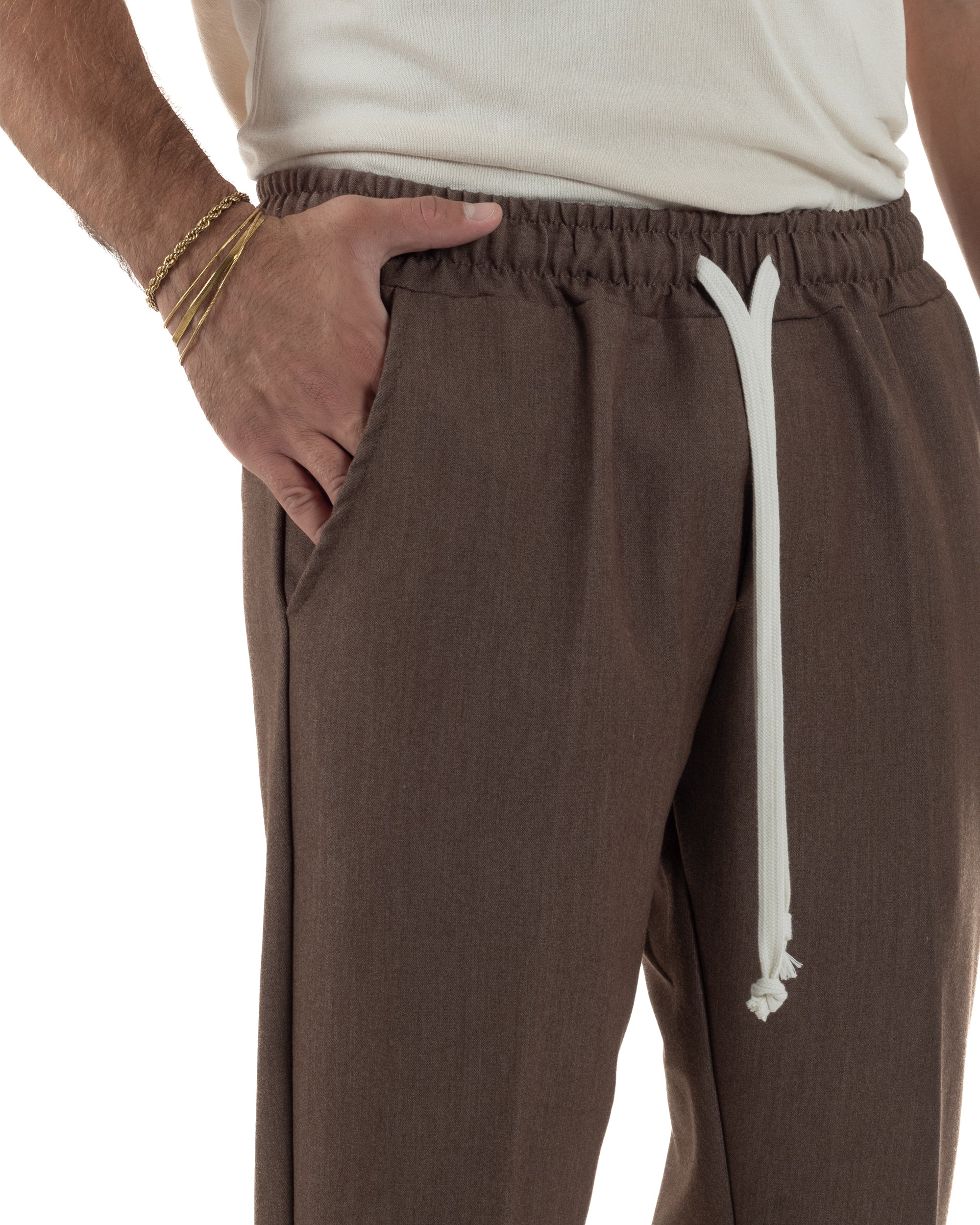 Pantaloni Uomo Pantalaccio Viscosa Morbido Regular Fit Coulisse Elastico Casual Tinta Unita Marrone GIOSAL-P6341A