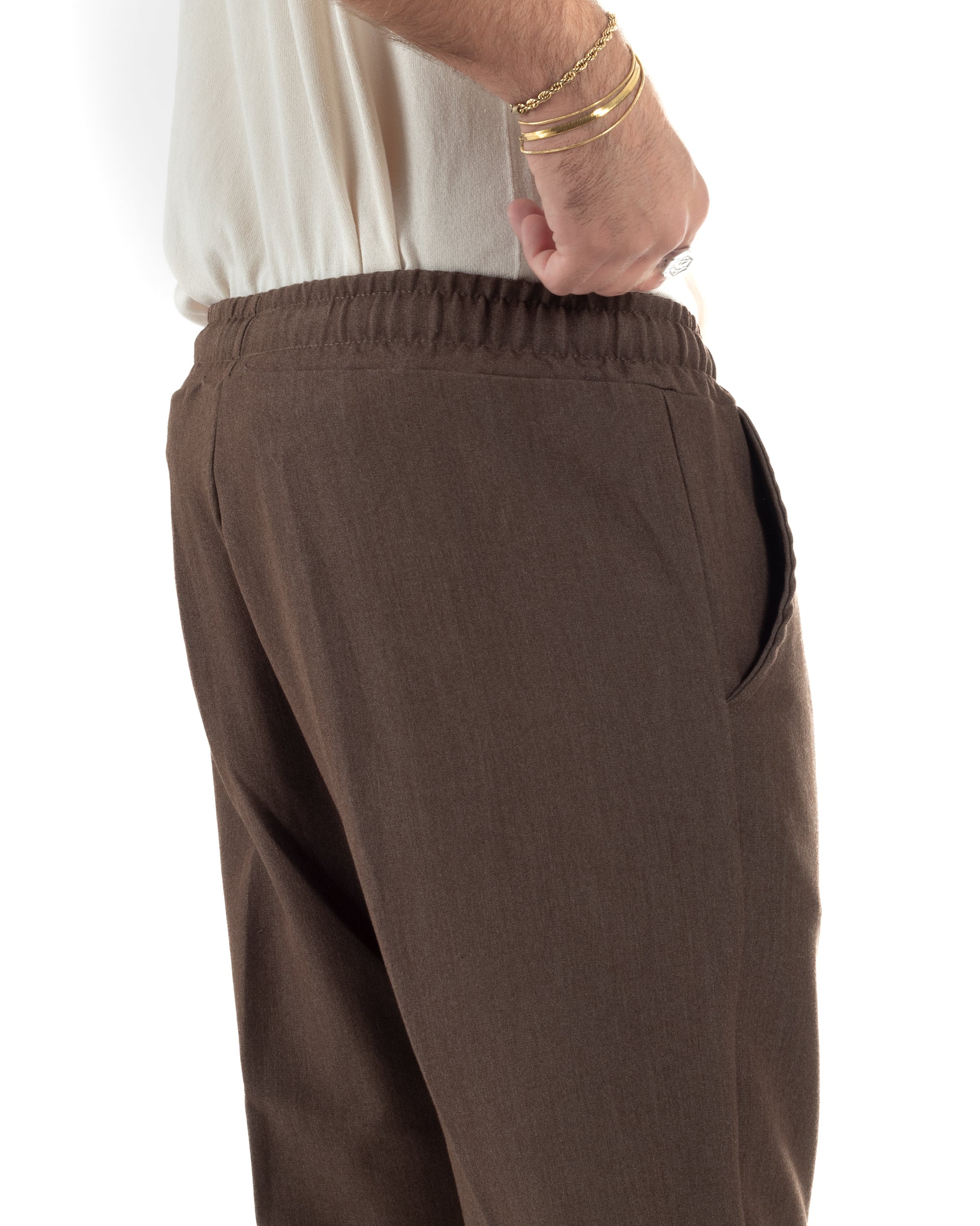 Pantaloni Uomo Pantalaccio Viscosa Morbido Regular Fit Coulisse Elastico Casual Tinta Unita Marrone GIOSAL-P6341A