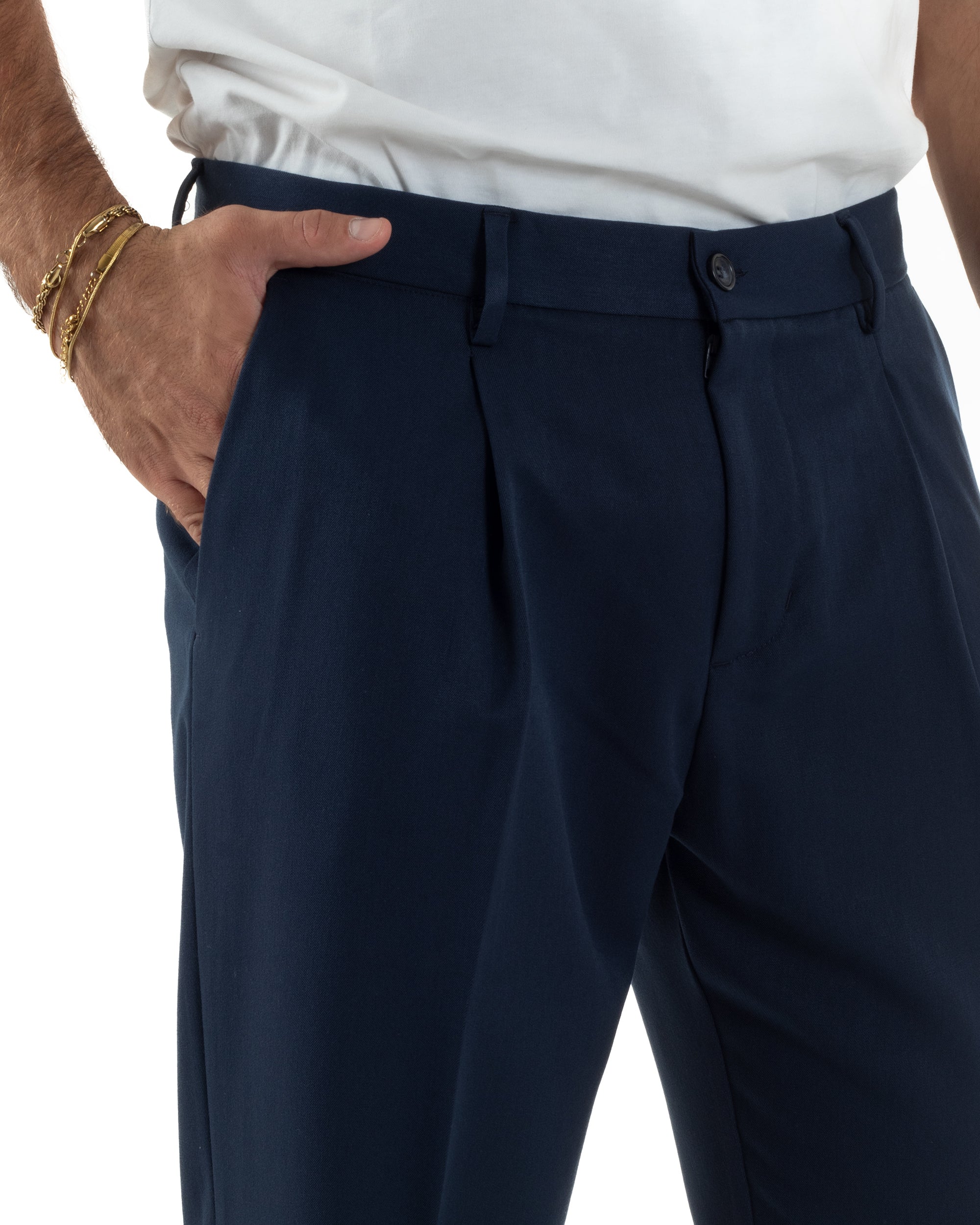 Pantaloni Uomo Viscosa Tasche America Con Pinces Classico Blu Over-D OC1F2W5P15