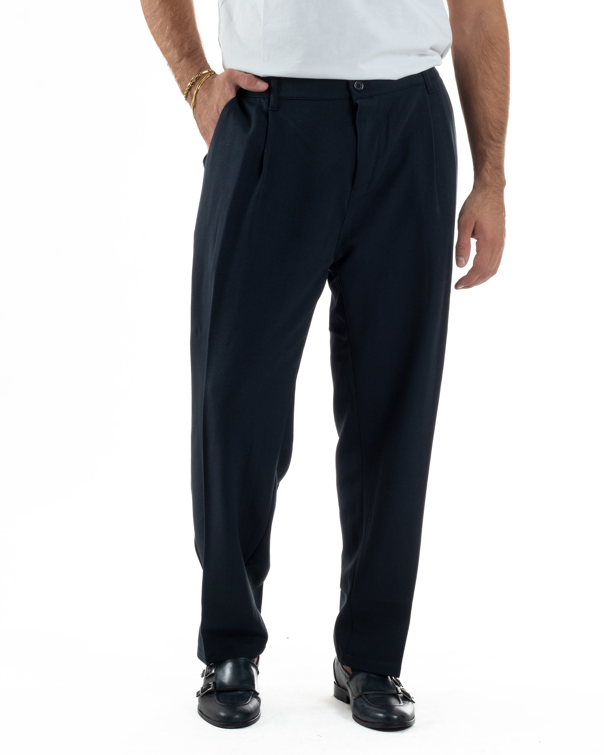 Pantaloni Uomo Viscosa Baggy Con Pinces Relaxed Fit Blu P6352A