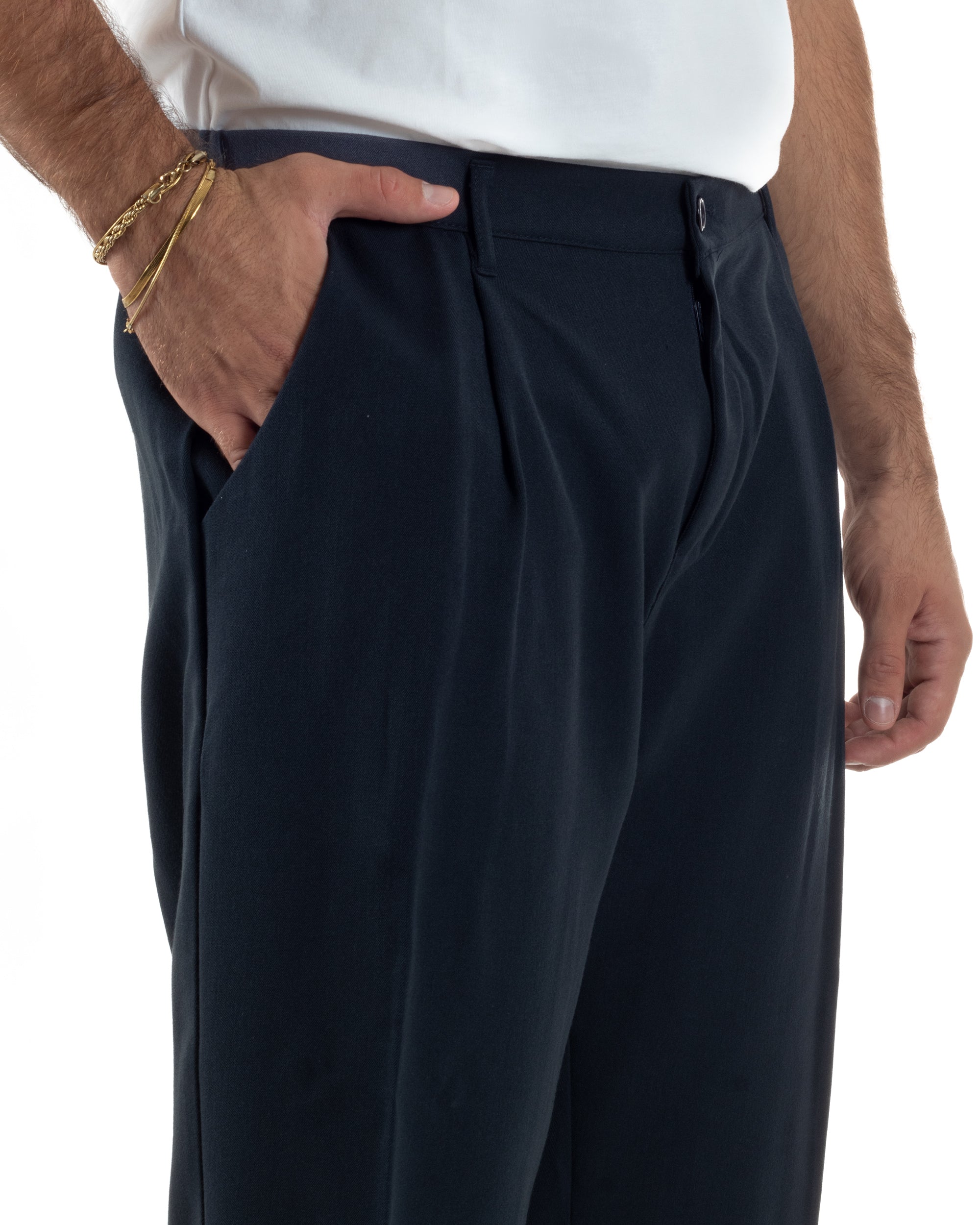 Pantaloni Uomo Viscosa Baggy Con Pinces Relaxed Fit Blu P6352A