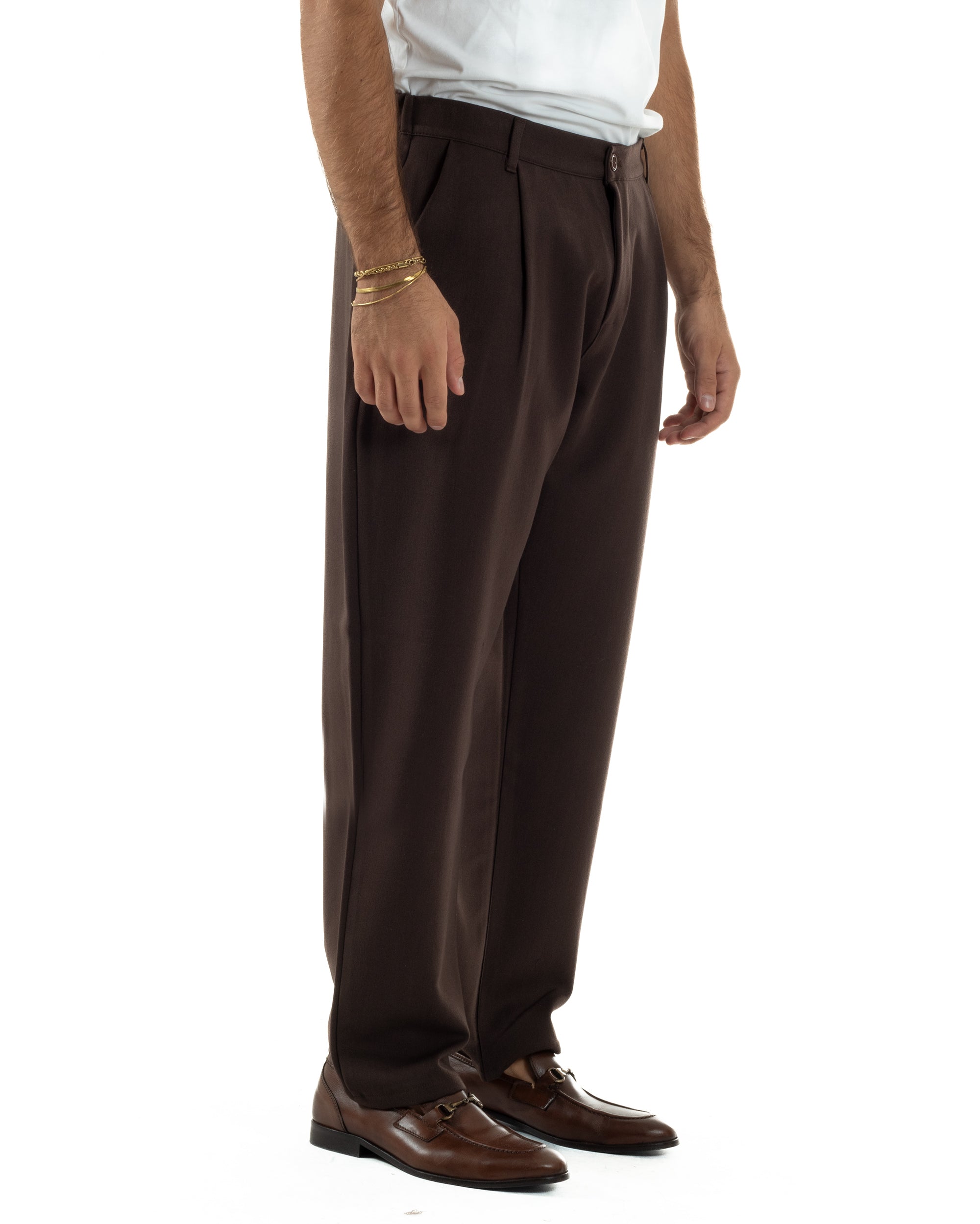 Pantaloni Uomo Viscosa Baggy Con Pinces Relaxed Fit Marrone P6353A