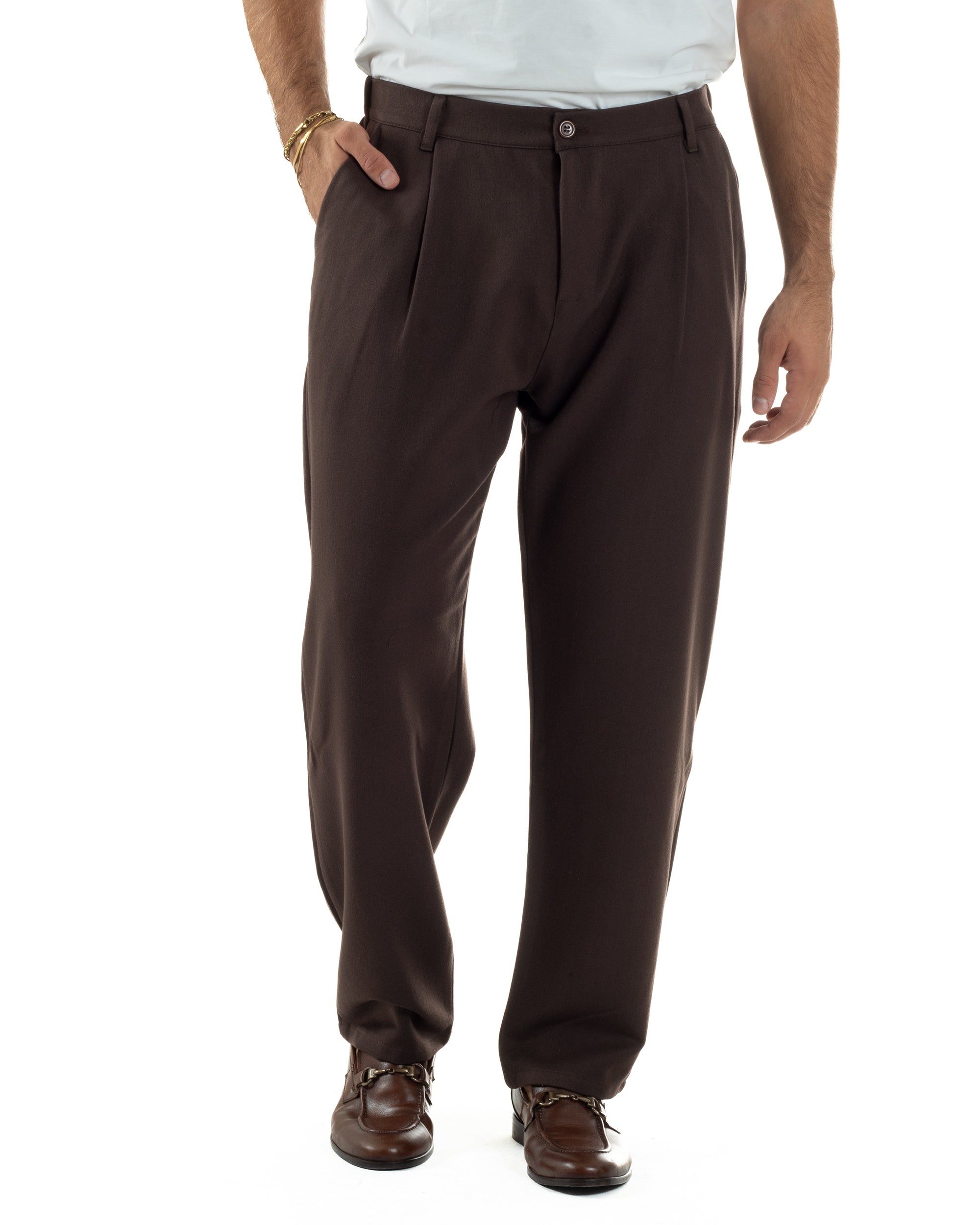 Pantaloni Uomo Viscosa Baggy Con Pinces Relaxed Fit Marrone P6353A