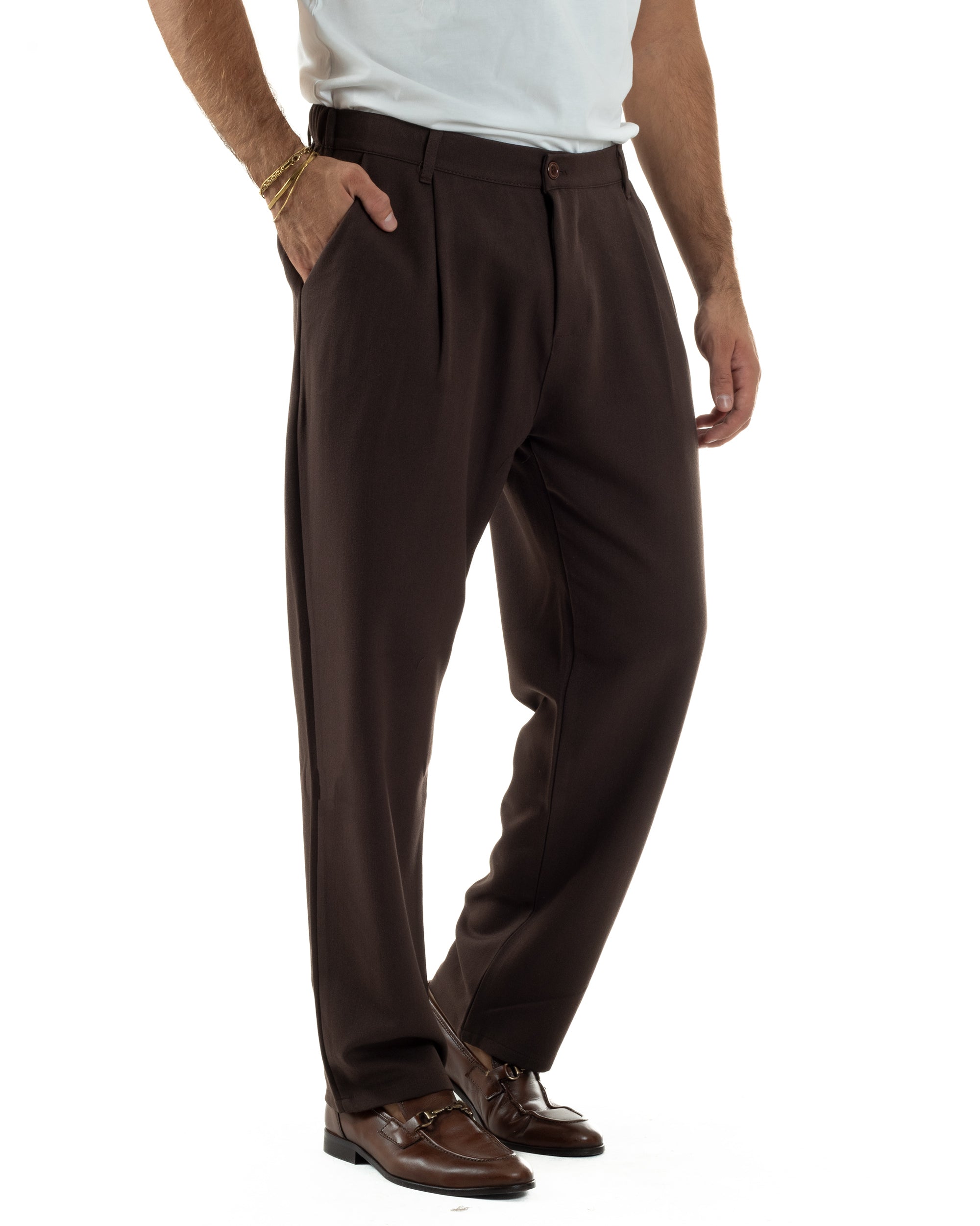 Pantaloni Uomo Viscosa Baggy Con Pinces Relaxed Fit Marrone P6353A