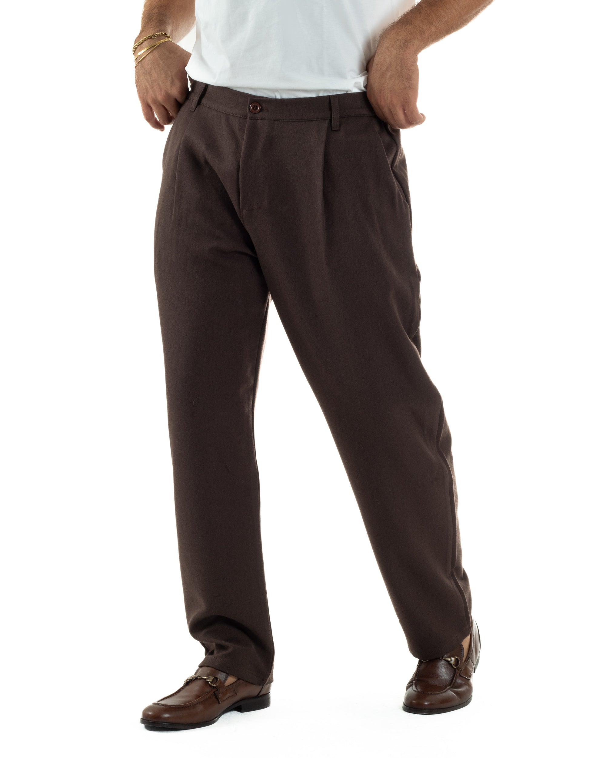 Pantaloni Uomo Viscosa Baggy Con Pinces Relaxed Fit Marrone P6353A