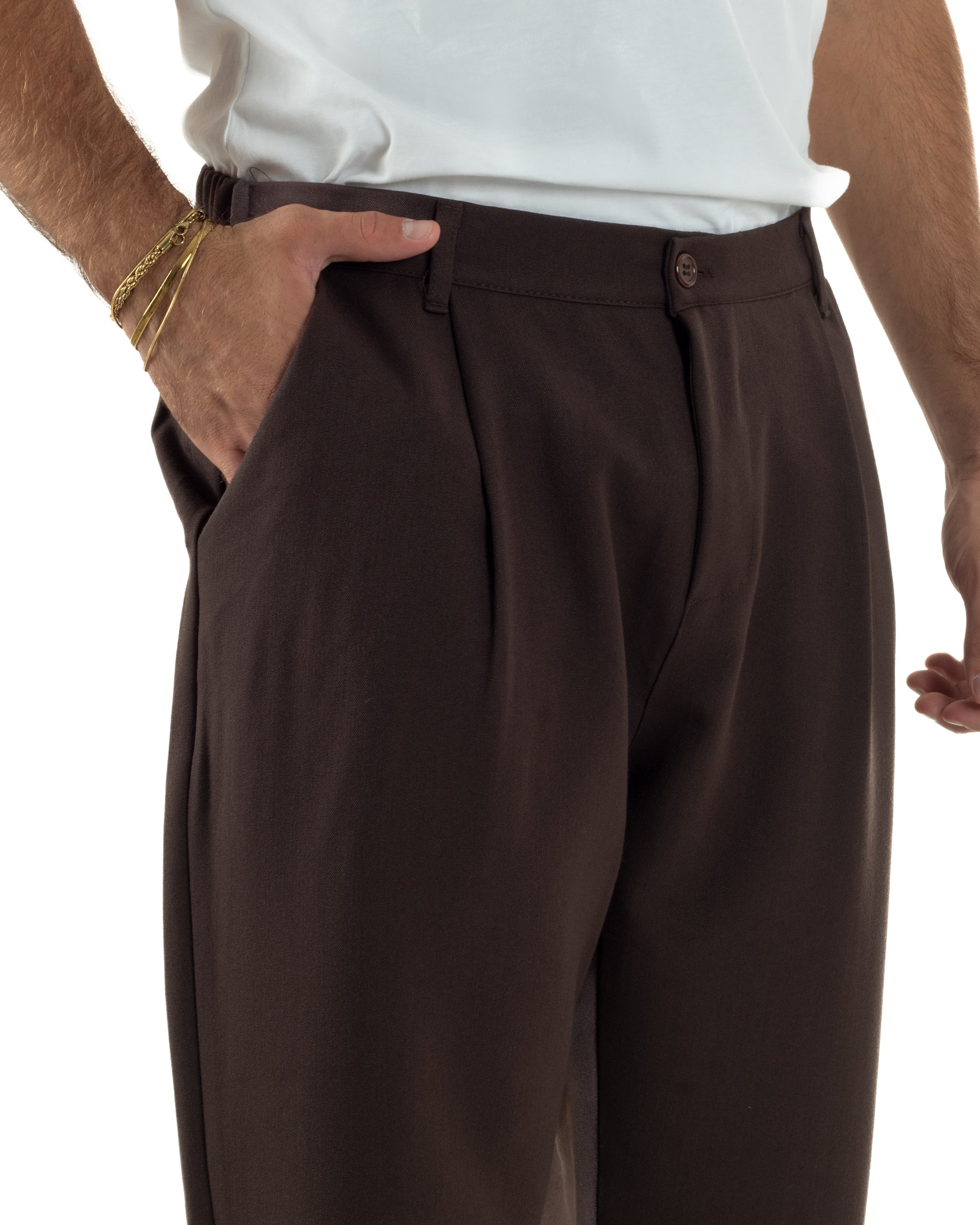 Pantaloni Uomo Viscosa Baggy Con Pinces Relaxed Fit Marrone P6353A