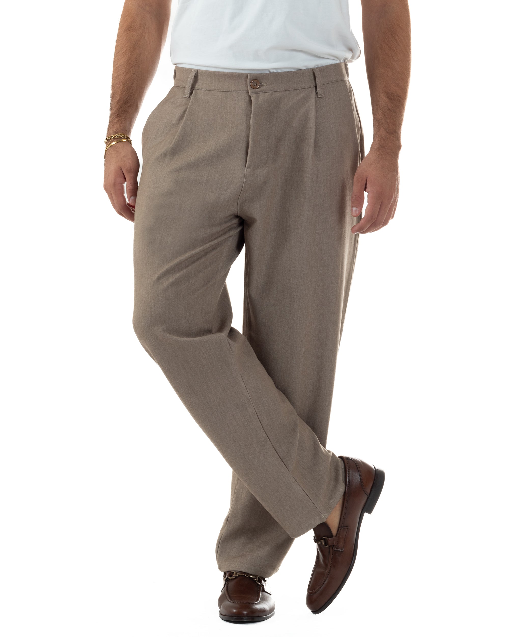 Pantaloni Uomo Viscosa Baggy Con Pinces Relaxed Fit Beige Melangiato P6354A