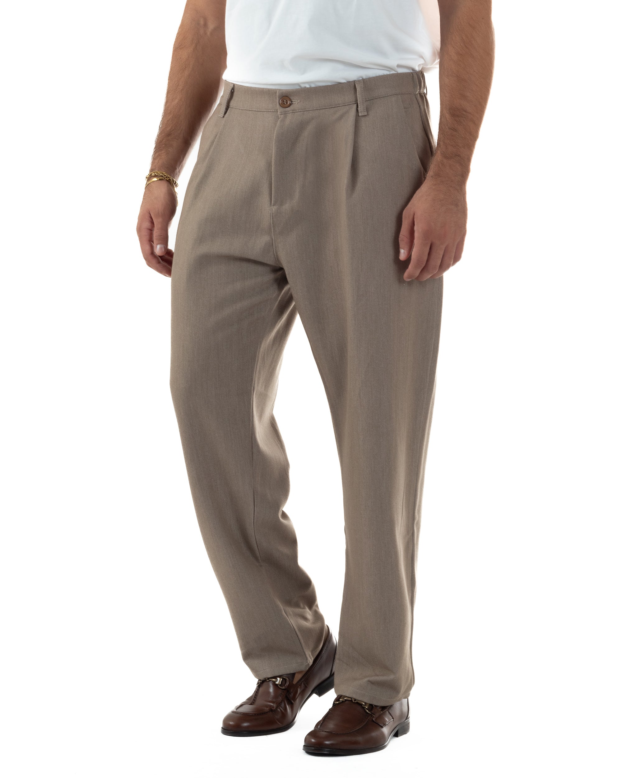 Pantaloni Uomo Viscosa Baggy Con Pinces Relaxed Fit Beige Melangiato P6354A