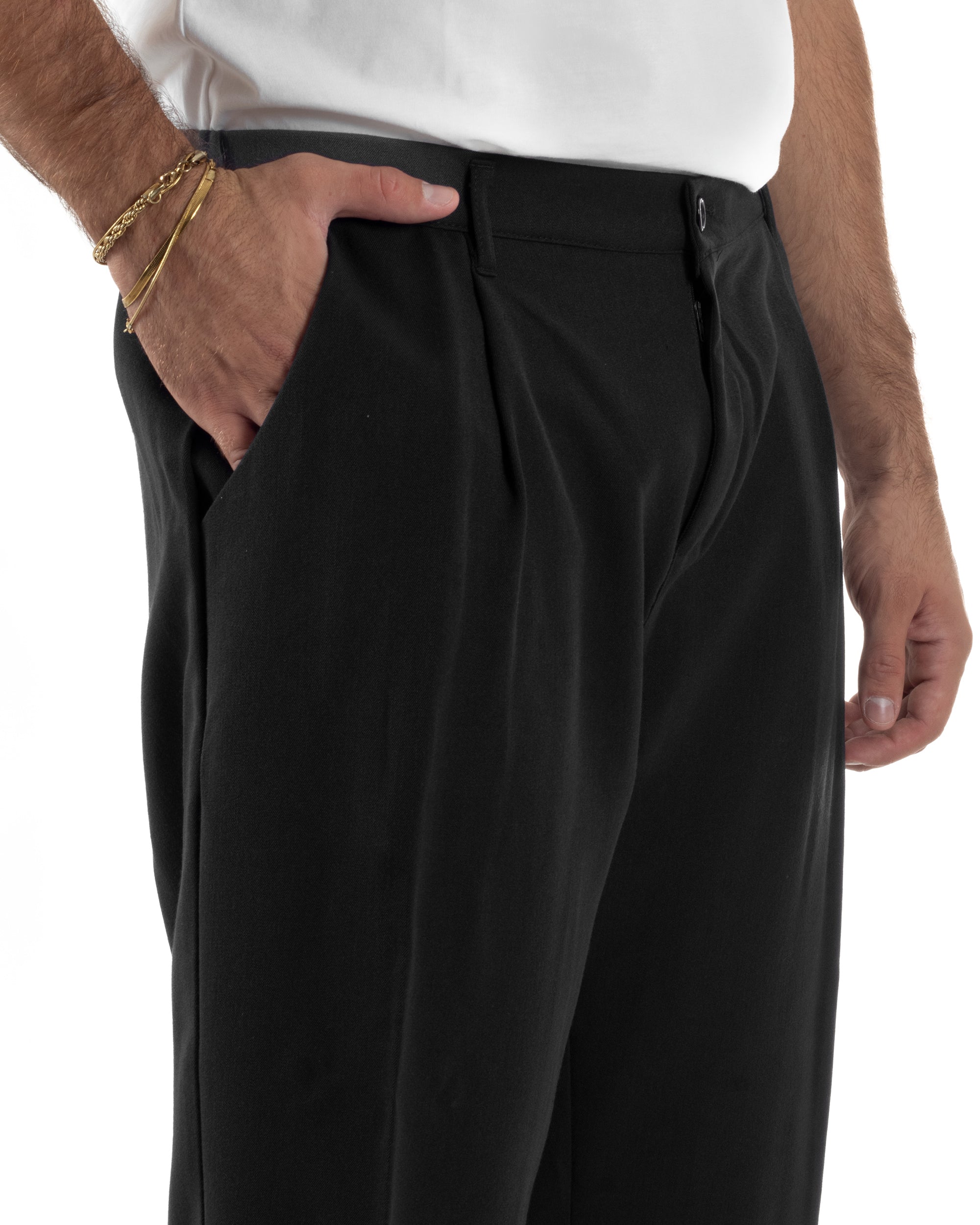 Pantaloni Uomo Viscosa Baggy Con Pinces Relaxed Fit Nero P6355A