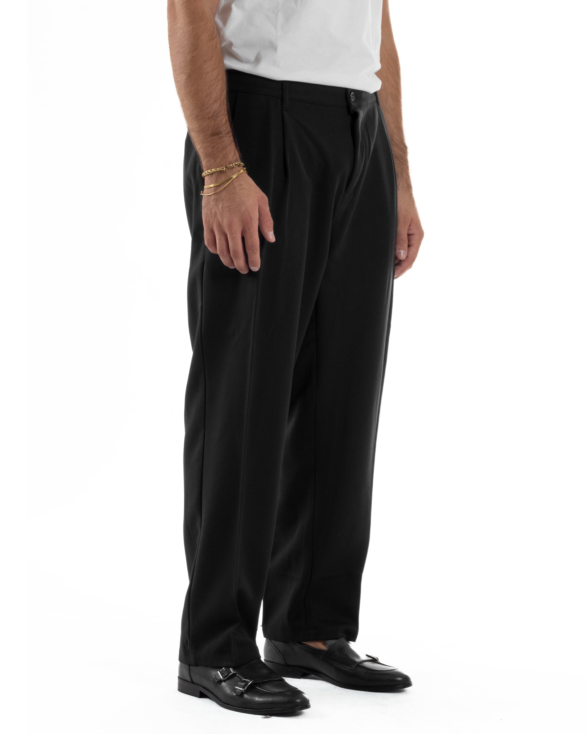 Pantaloni Uomo Viscosa Baggy Con Pinces Relaxed Fit Nero P6355A