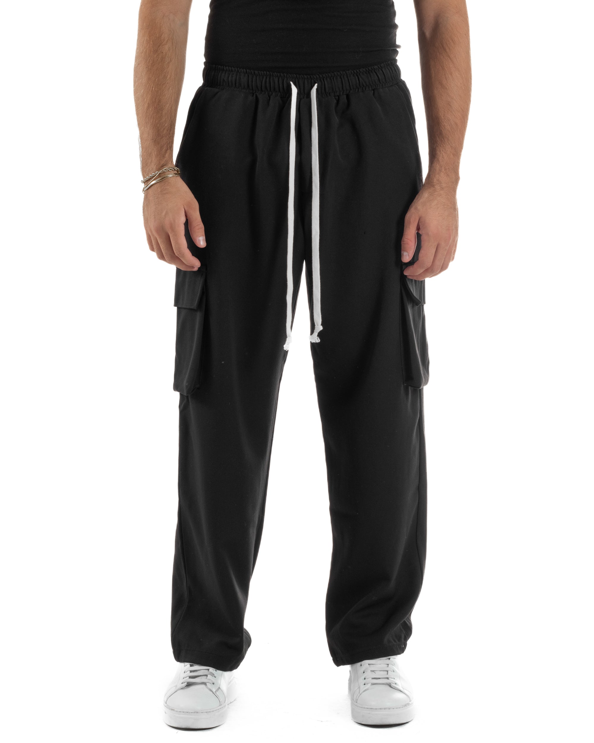 Pantaloni Uomo Viscosa Cargo Baggy Tinta Unita Nero P6358A