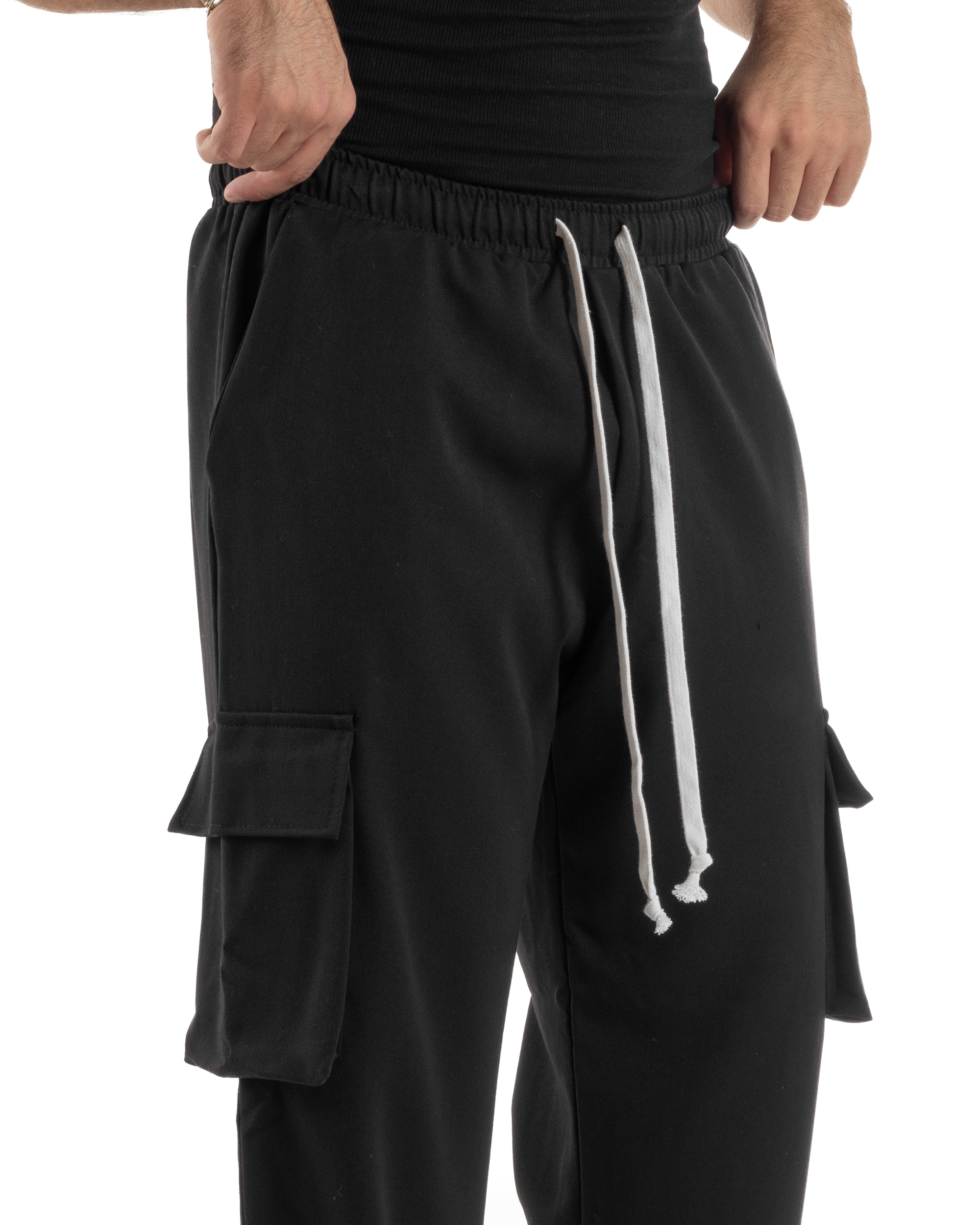 Pantaloni Uomo Viscosa Cargo Baggy Tinta Unita Nero P6358A