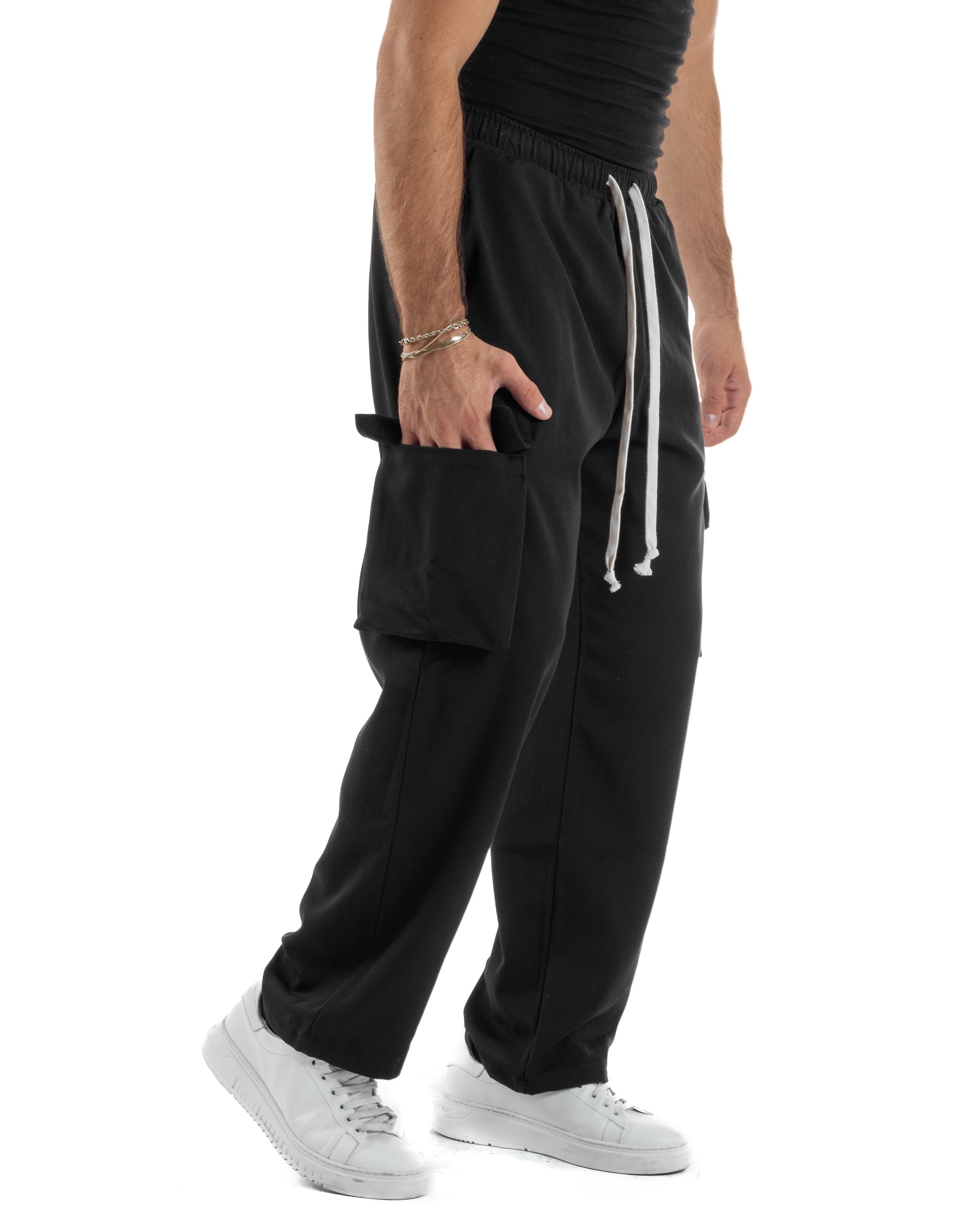 Pantaloni Uomo Viscosa Cargo Baggy Tinta Unita Nero P6358A