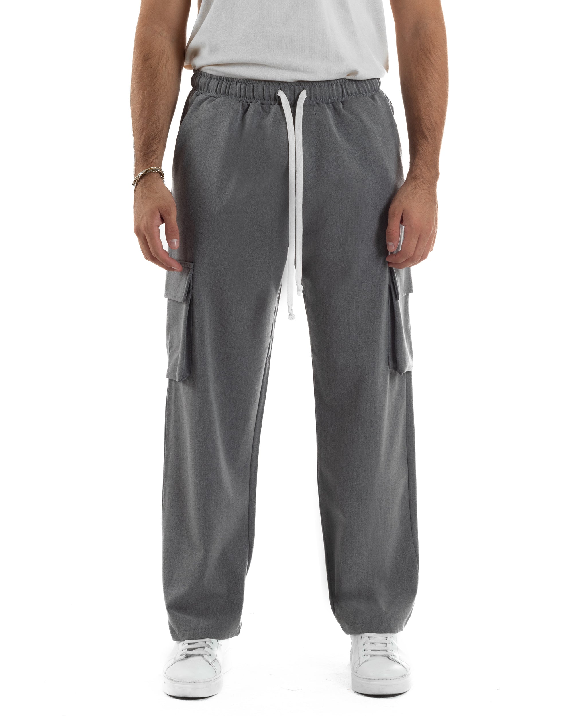 Pantaloni Uomo Viscosa Cargo Baggy Tinta Unita Grigio P6359A