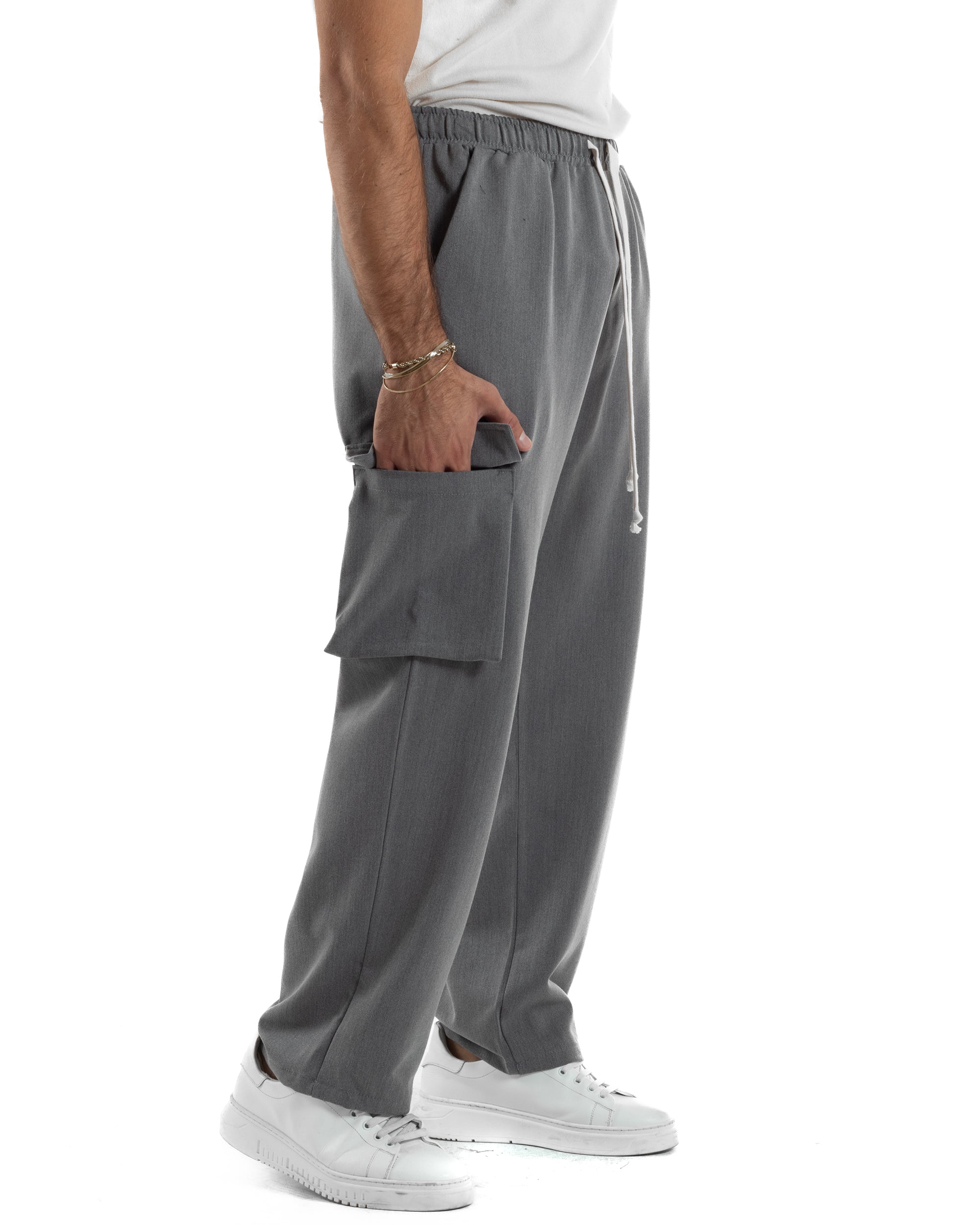 Pantaloni Uomo Viscosa Cargo Baggy Tinta Unita Grigio P6359A