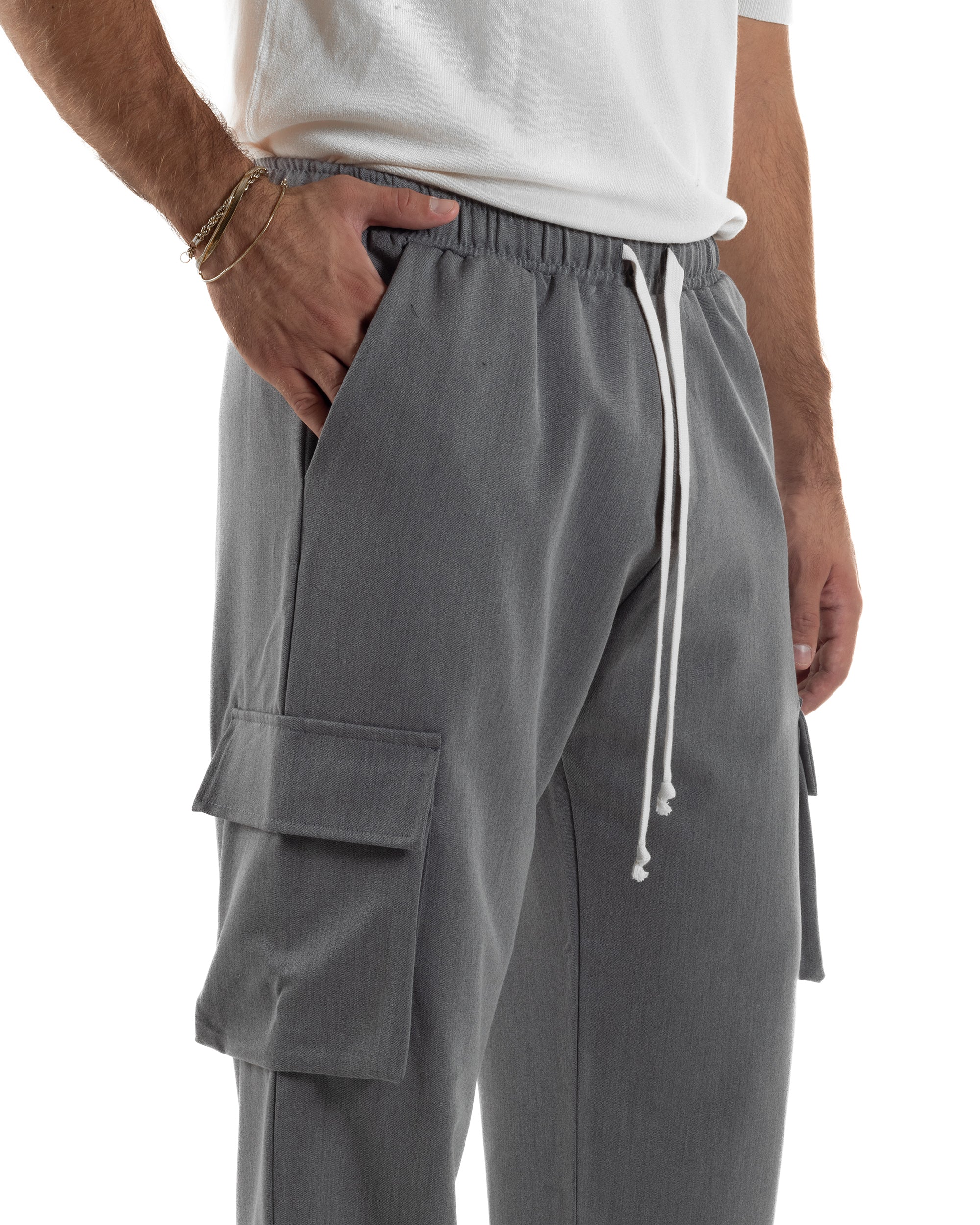 Pantaloni Uomo Viscosa Cargo Baggy Tinta Unita Grigio P6359A