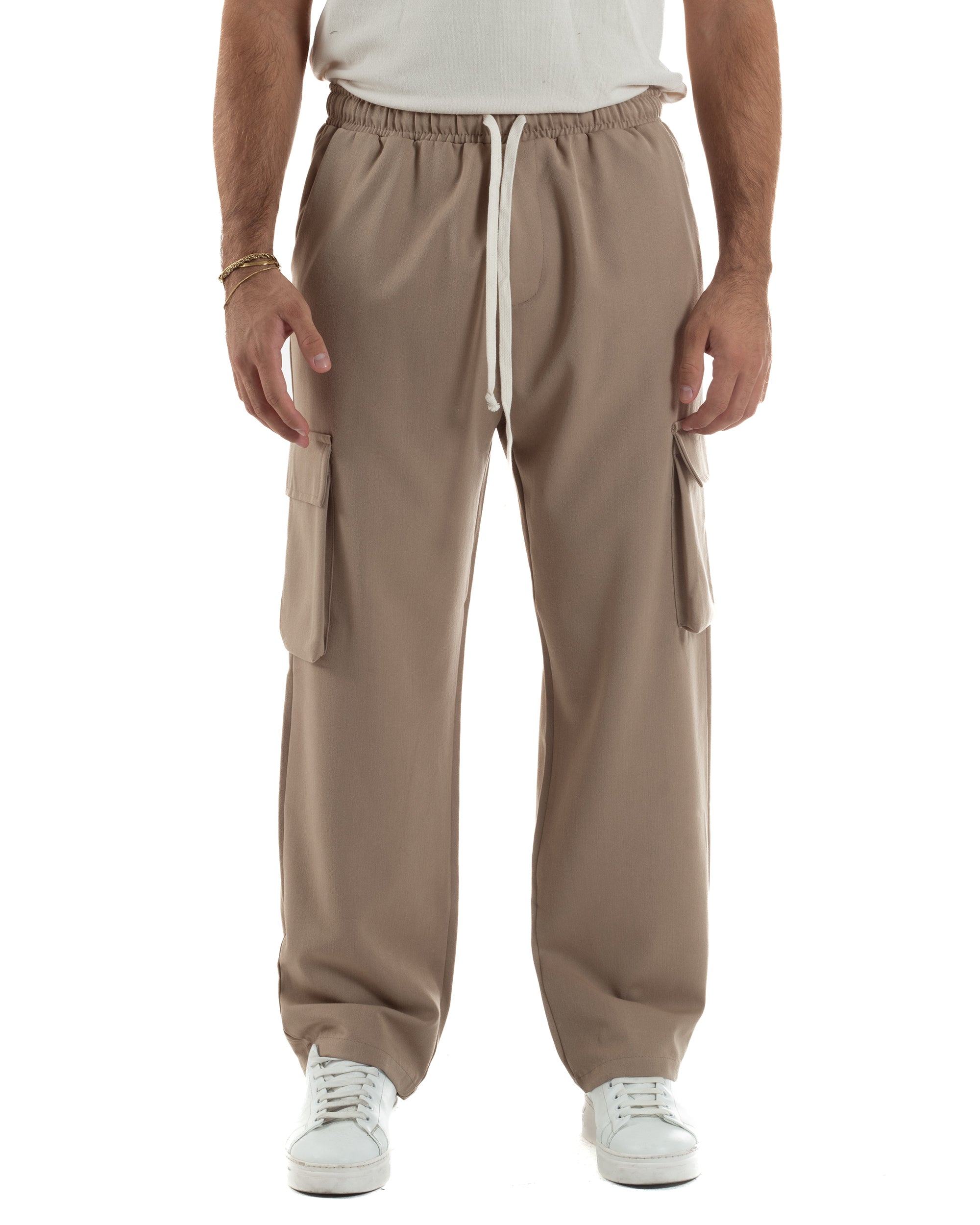 Pantaloni Uomo Viscosa Cargo Baggy Tinta Unita Camel P6360A