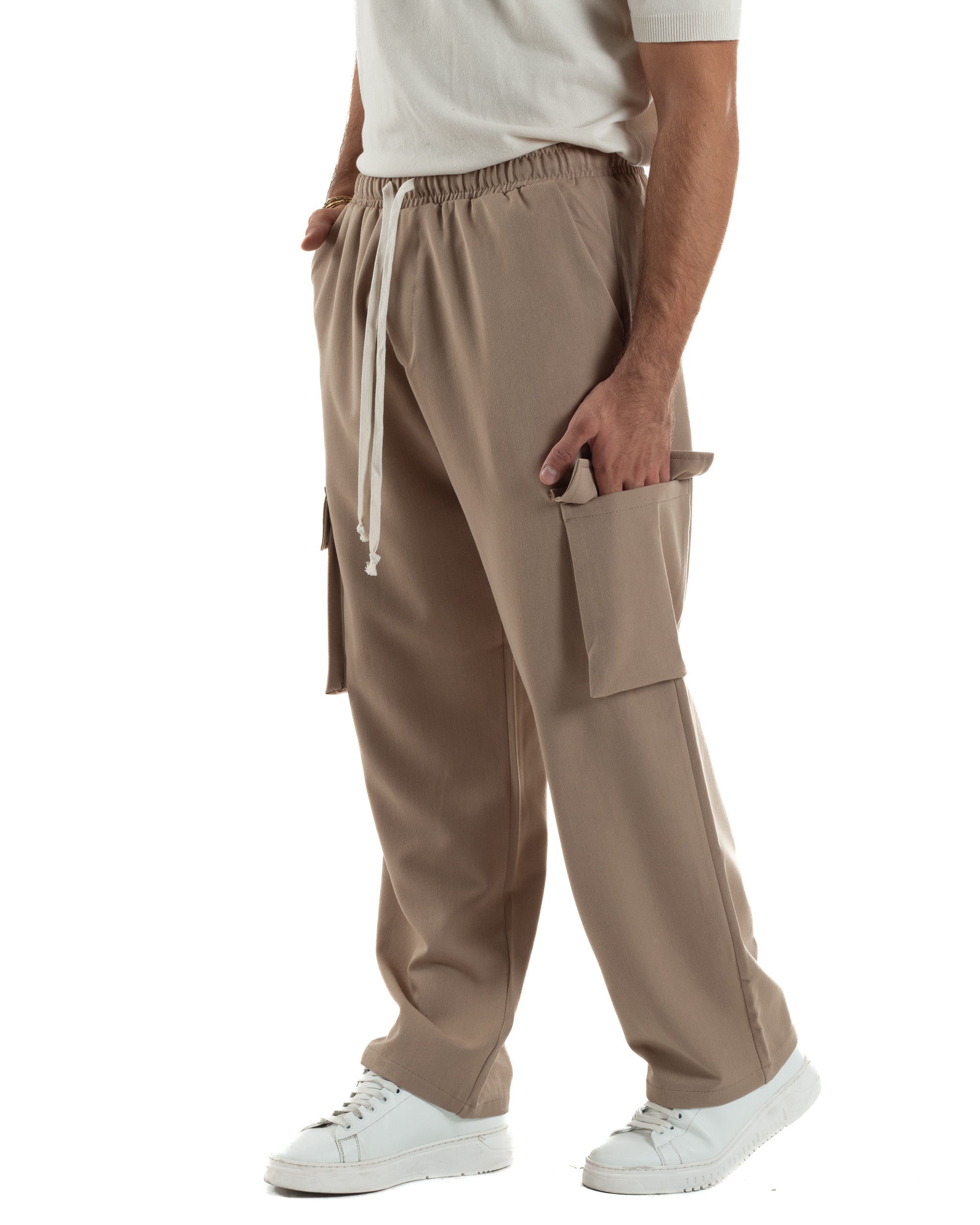 Pantaloni Uomo Viscosa Cargo Baggy Tinta Unita Camel P6360A
