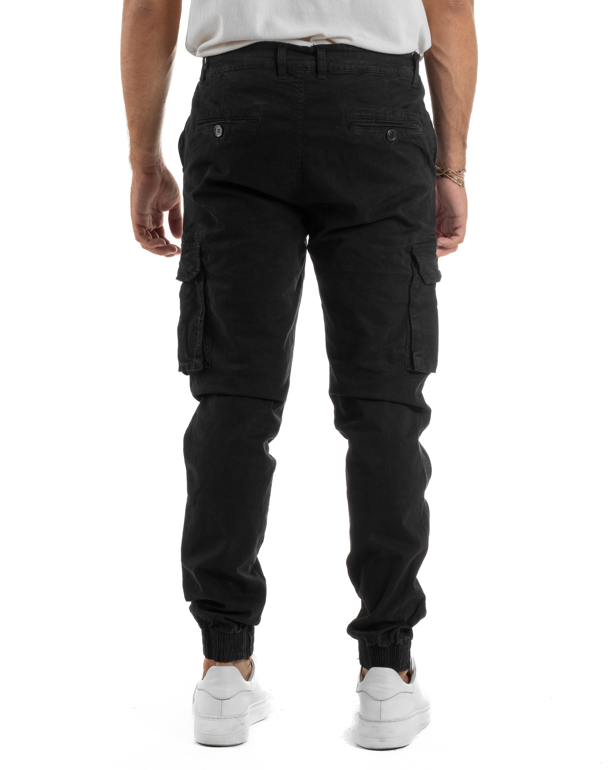 Pantaloni Uomo Cargo Cotone Casual Slim Fit Nero P6364A