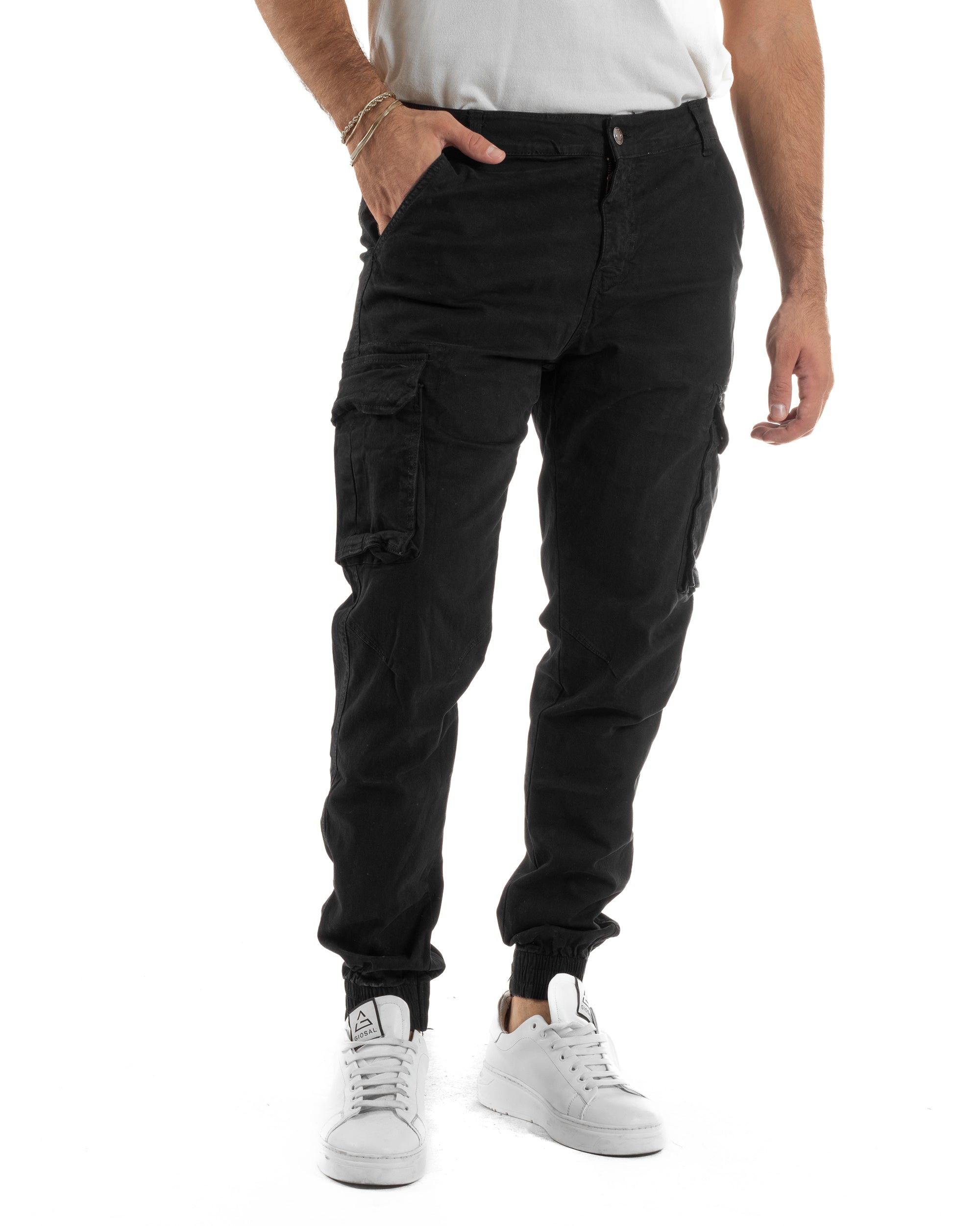 Pantaloni Uomo Cargo Cotone Casual Slim Fit Nero P6364A