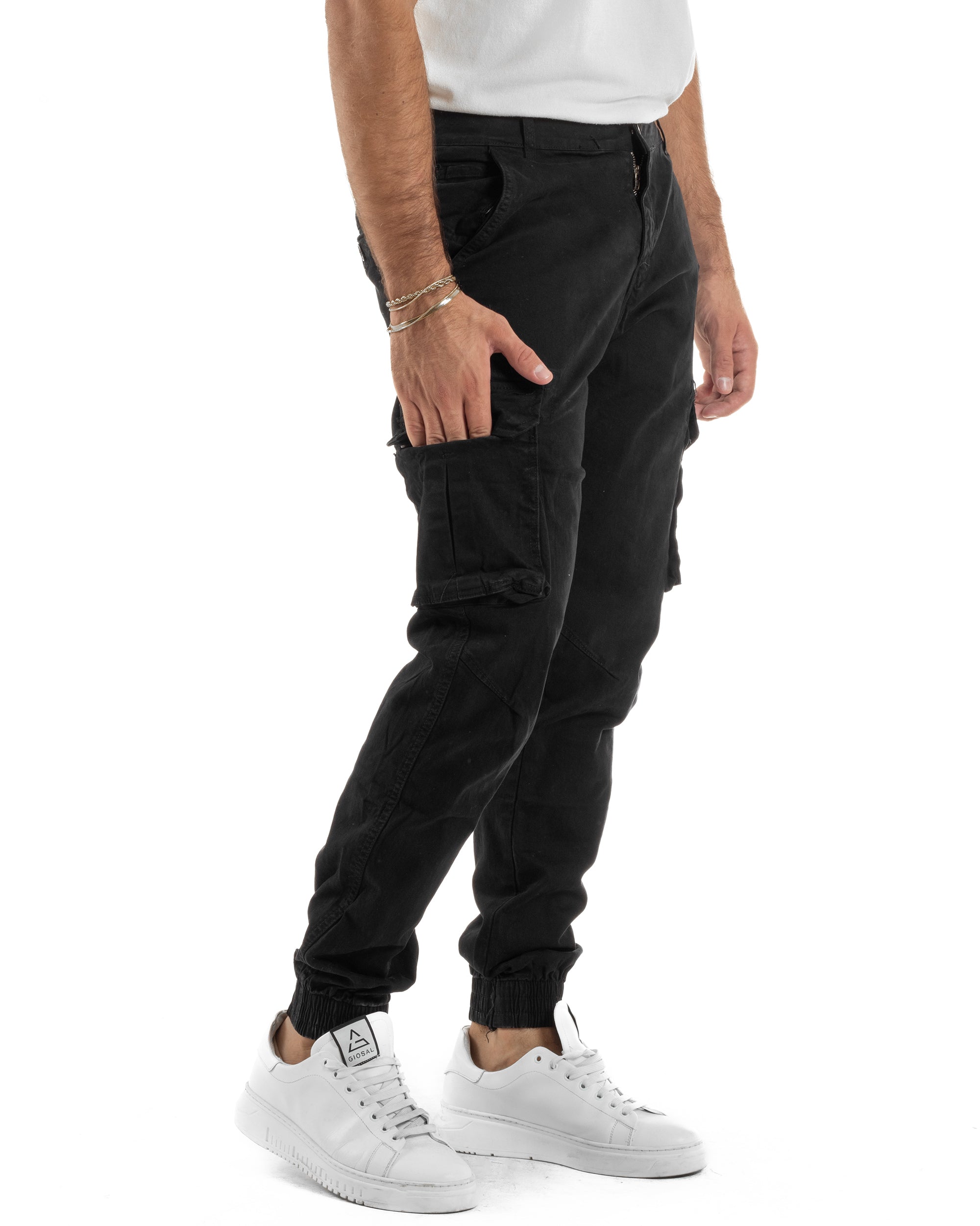 Pantaloni Uomo Cargo Cotone Casual Slim Fit Nero P6364A